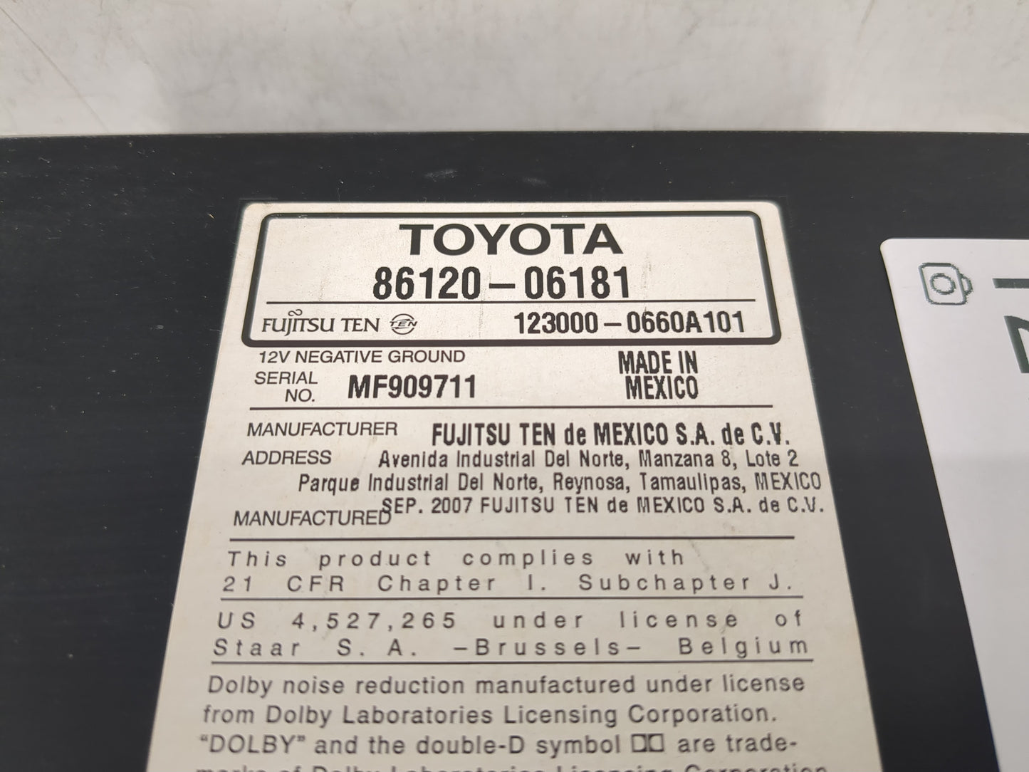 2007-2009 Toyota Camry Radio AM FM Cd Player Receiver Replacement P/N:86120-06181 Fits Fits 2007 2008 2009 OEM Used Auto Par
