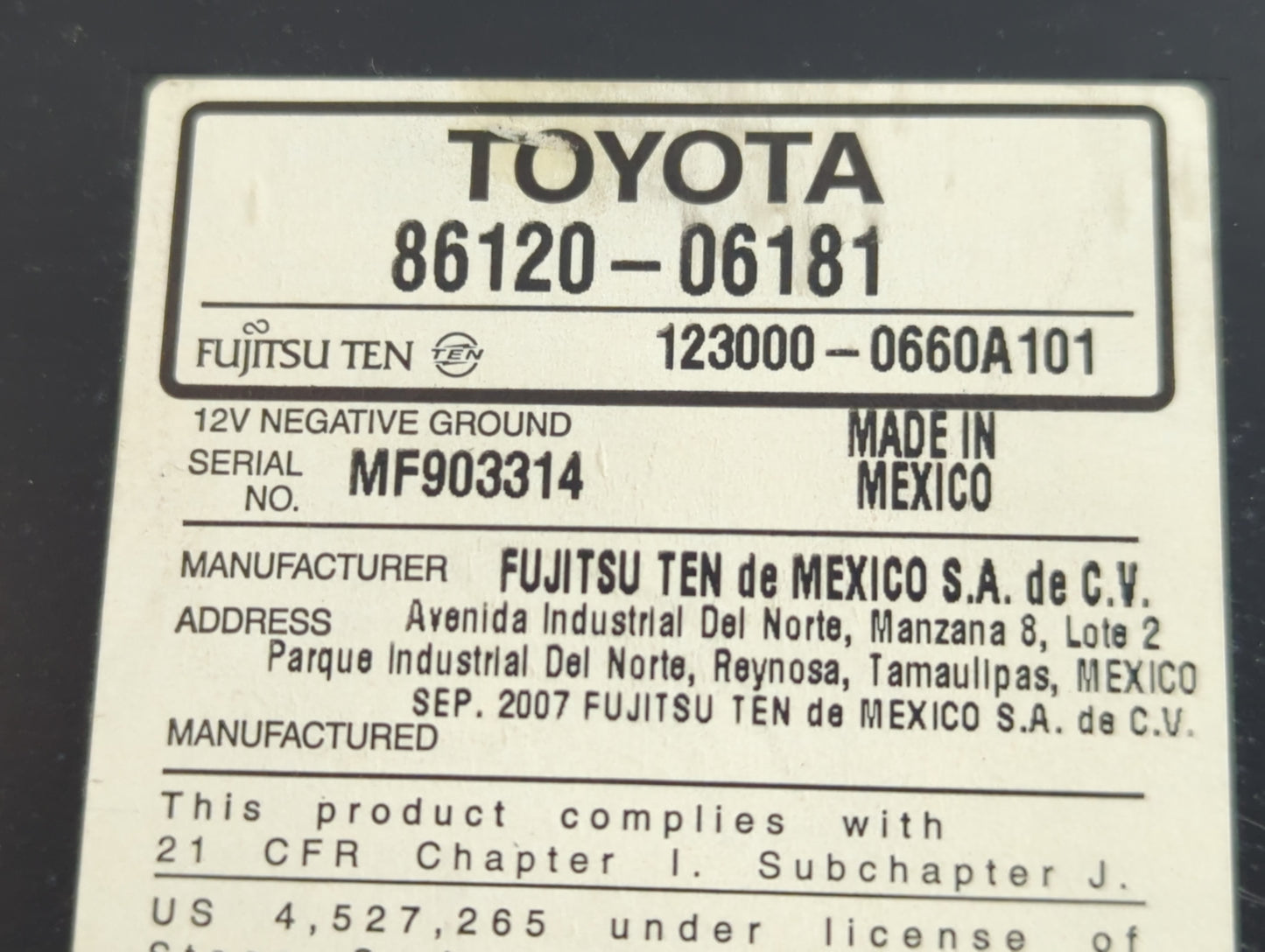 2007-2009 Toyota Camry Radio AM FM Cd Player Receiver Replacement P/N:86120-06181 Fits Fits 2007 2008 2009 OEM Used Auto Par