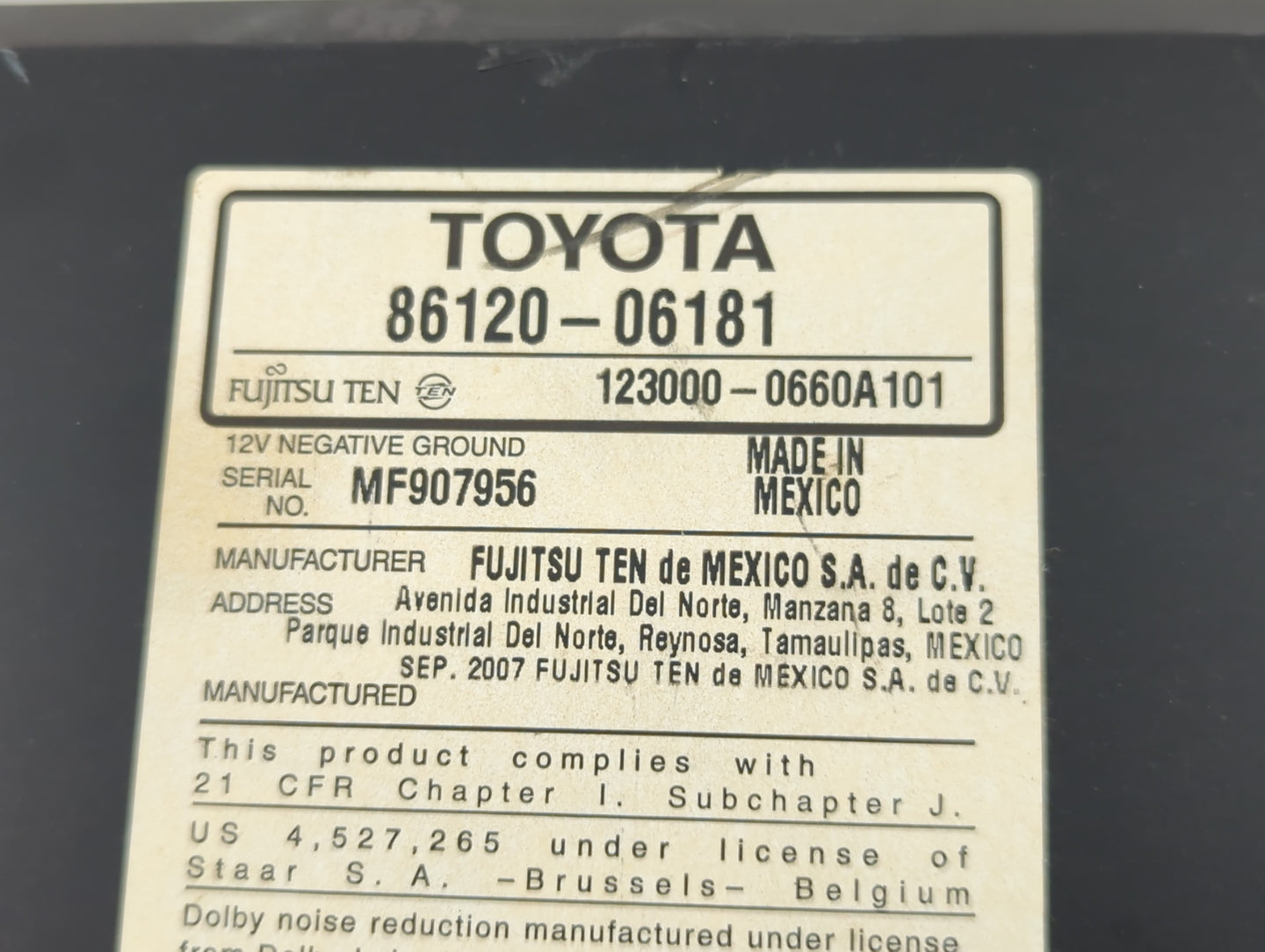 2007-2009 Toyota Camry Radio AM FM Cd Player Receiver Replacement P/N:86120-06181 Fits Fits 2007 2008 2009 OEM Used Auto Par