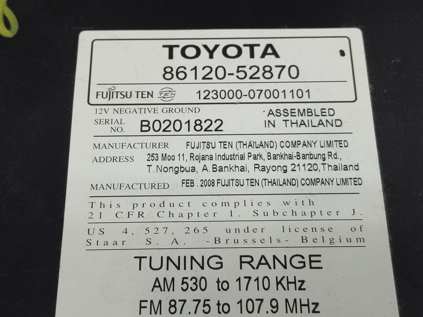 2008 Toyota Yaris Radio AM FM Cd Player Receiver Replacement P/N:86120-52870 Fits OEM Used Auto Parts - Oemusedautoparts1.co