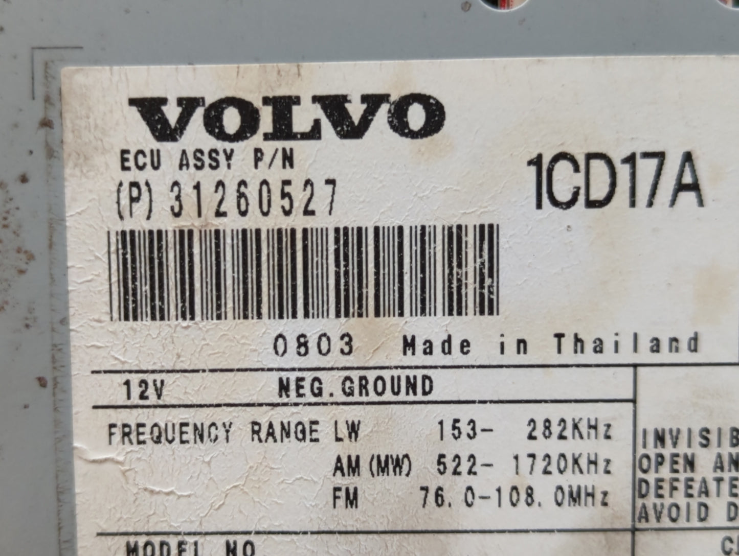 2008 Volvo V40 Radio AM FM Cd Player Receiver Replacement P/N:31260527 Fits Fits 2007 2009 2010 OEM Used Auto Parts - Oemuse