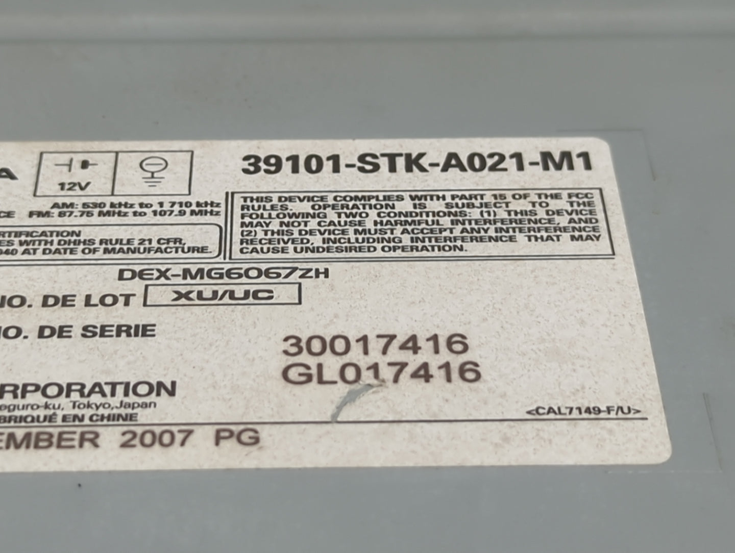 2008-2009 Acura Rdx Radio AM FM Cd Player Receiver Replacement P/N:39101-STK-A021-M1 DEX-MG6067ZH Fits Fits 2008 2009 OEM Us
