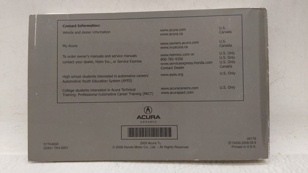 2009 Acura Tl Owners Manual Book Guide OEM Used Auto Parts - Oemusedautoparts1.com
