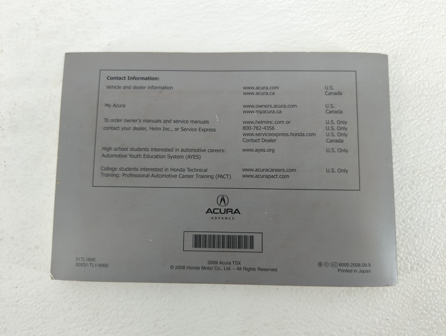2009 Acura Tsx Owners Manual Book Guide OEM Used Auto Parts - Oemusedautoparts1.com