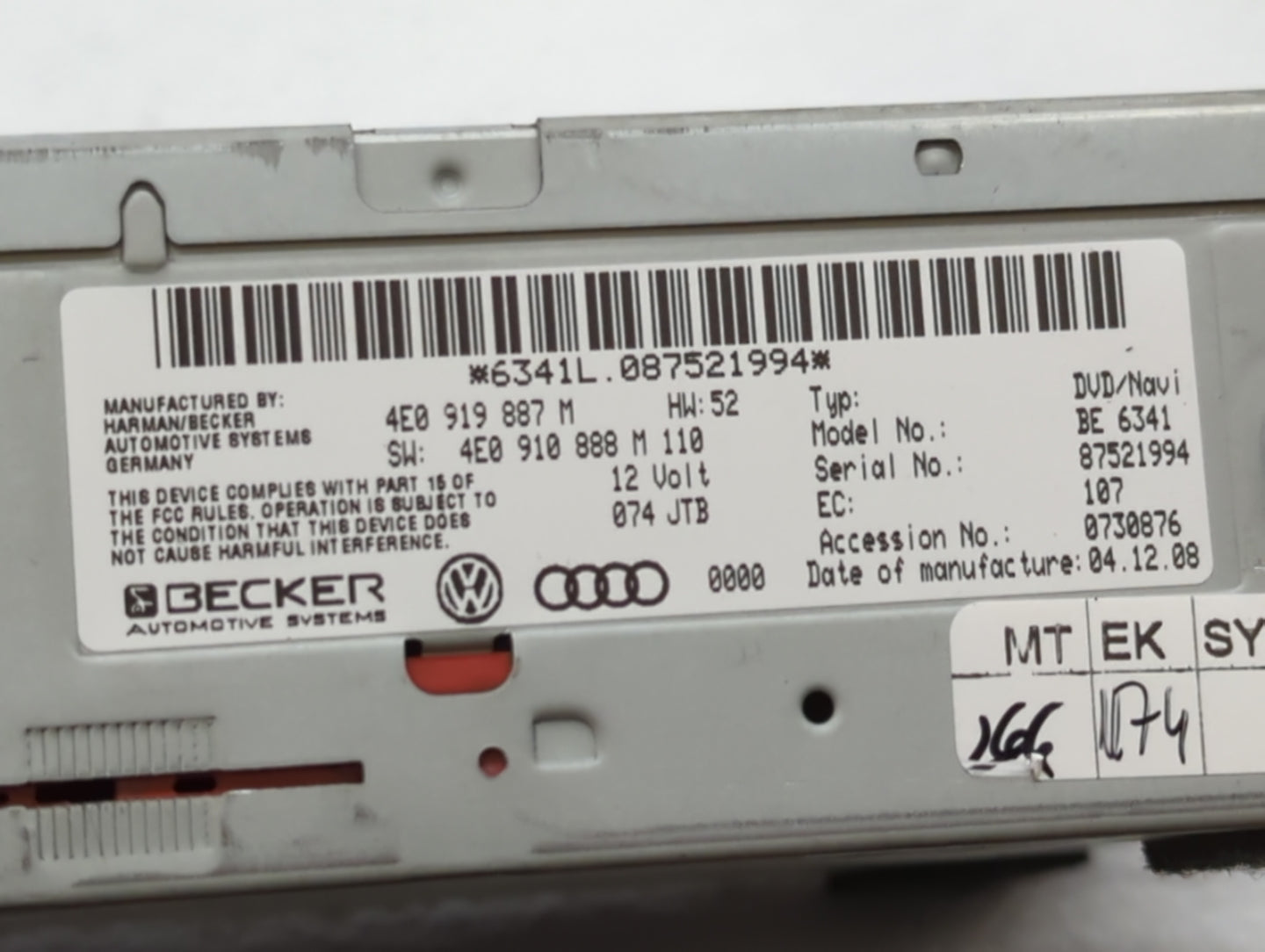 2009 Audi A4 Radio AM FM Cd Player Receiver Replacement P/N:4E0 919 887 M 8T1 035 186 R, 8T1 035 195 L, 8T1 035 195 AD Fits 