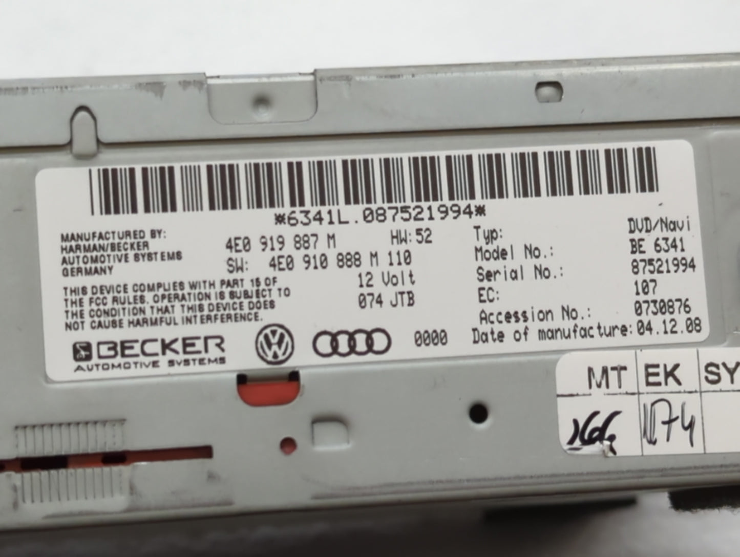 2009 Audi A4 Radio AM FM Cd Player Receiver Replacement P/N:4E0 919 887 M 8T1 035 186 R, 8T1 035 195 L, 8T1 035 195 AD Fits 