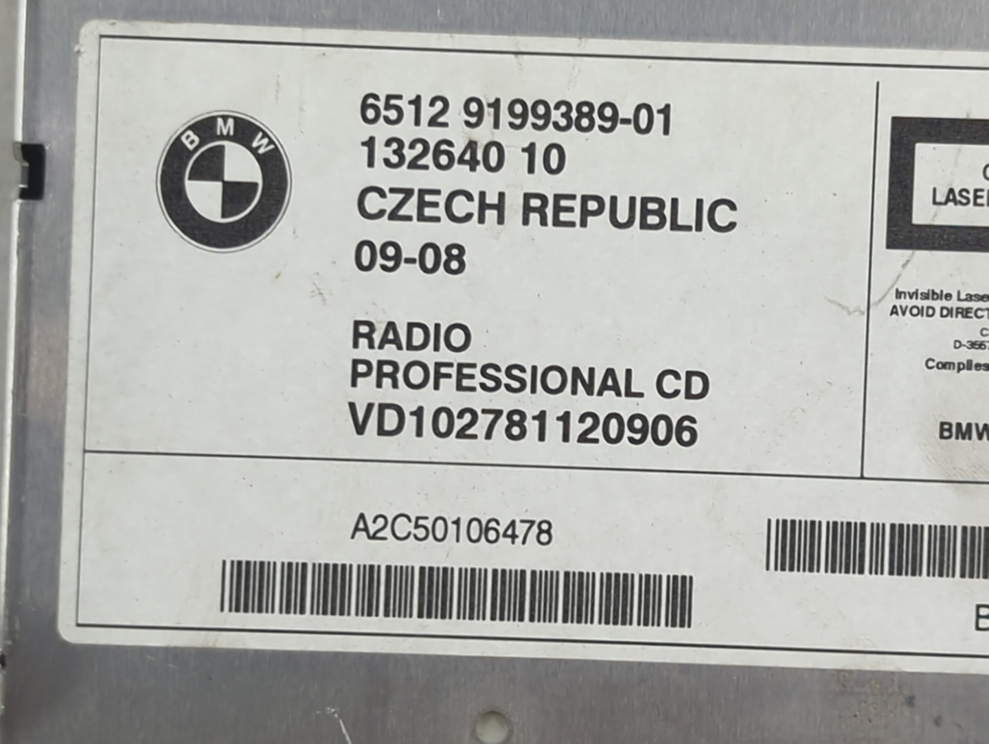 2009 Bmw 328xi Radio AM FM Cd Player Receiver Replacement P/N:65129199389-01 9199389-01, A2C50106478 Fits Fits 2008 OEM Used