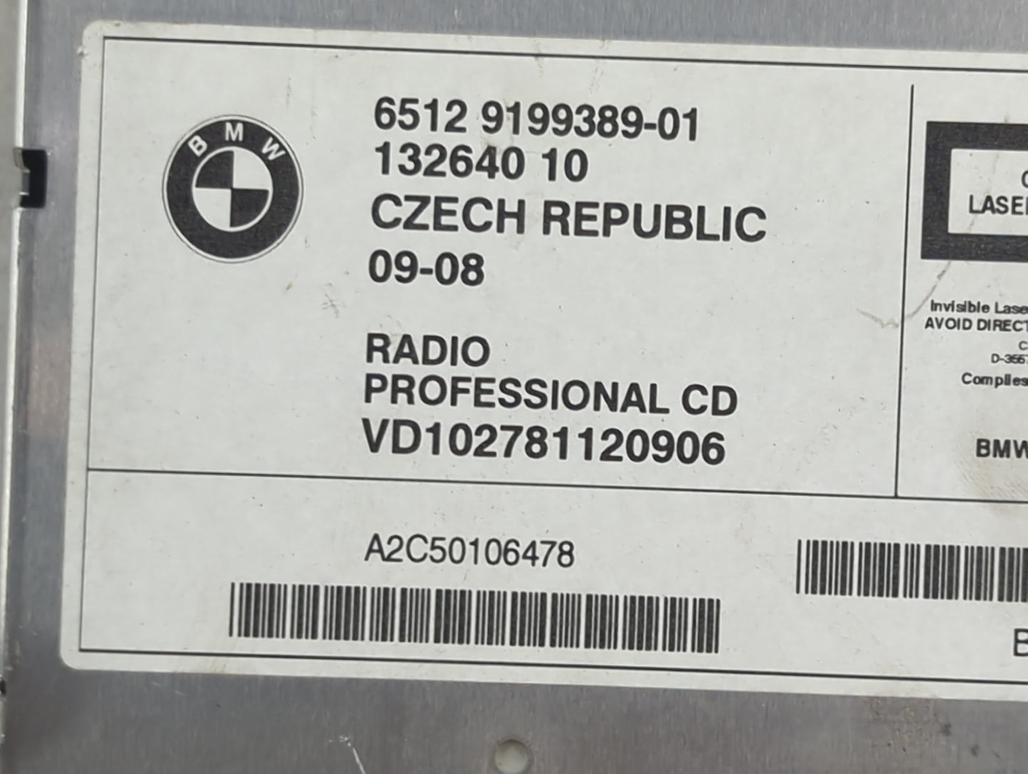 2009 Bmw 328xi Radio AM FM Cd Player Receiver Replacement P/N:65129199389-01 9199389-01, A2C50106478 Fits Fits 2008 OEM Used