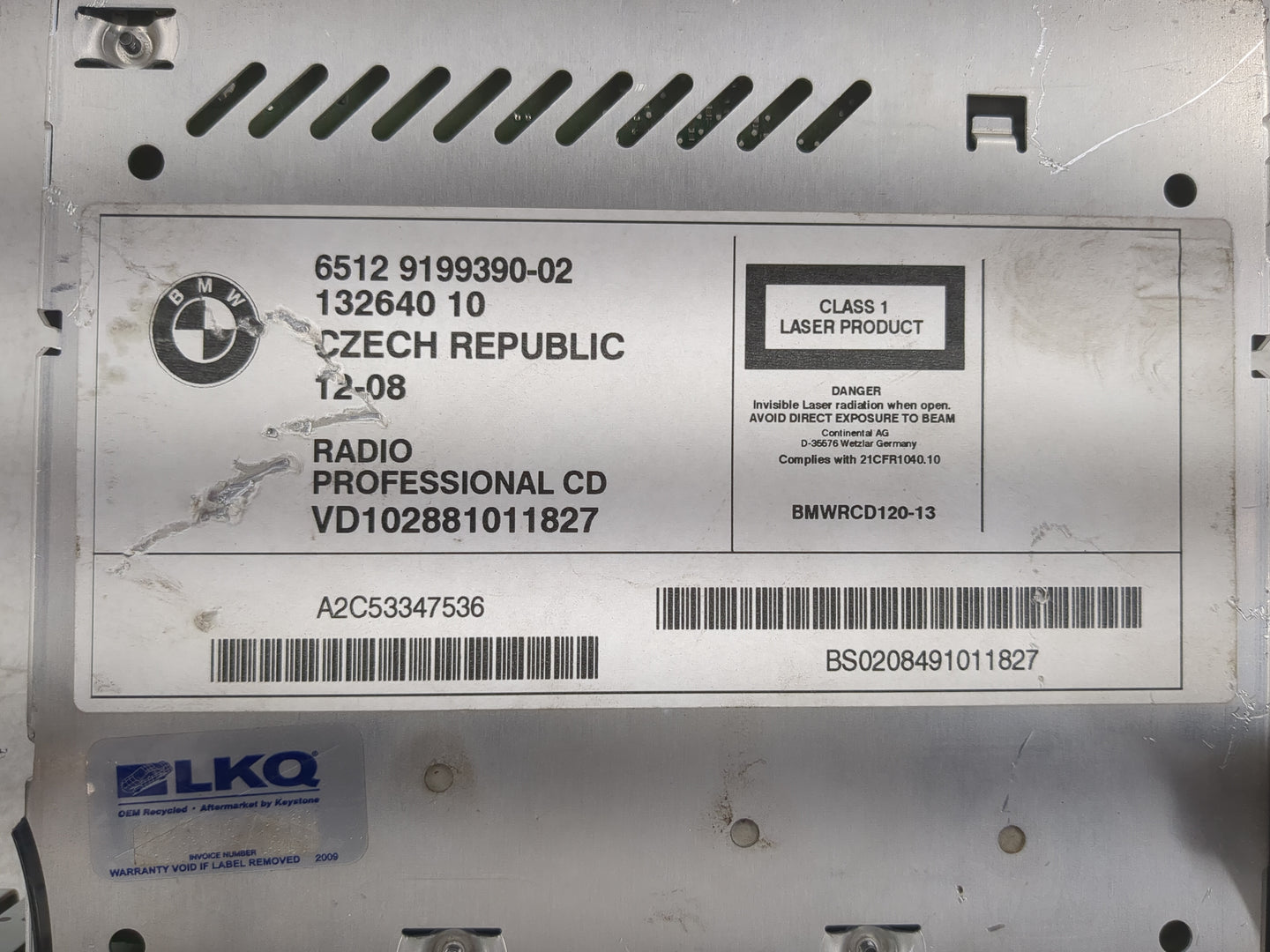 2008-2009 Bmw 335i Radio AM FM Cd Player Receiver Replacement P/N:9199390-02 Fits Fits 2008 2009 OEM Used Auto Parts - Oemus