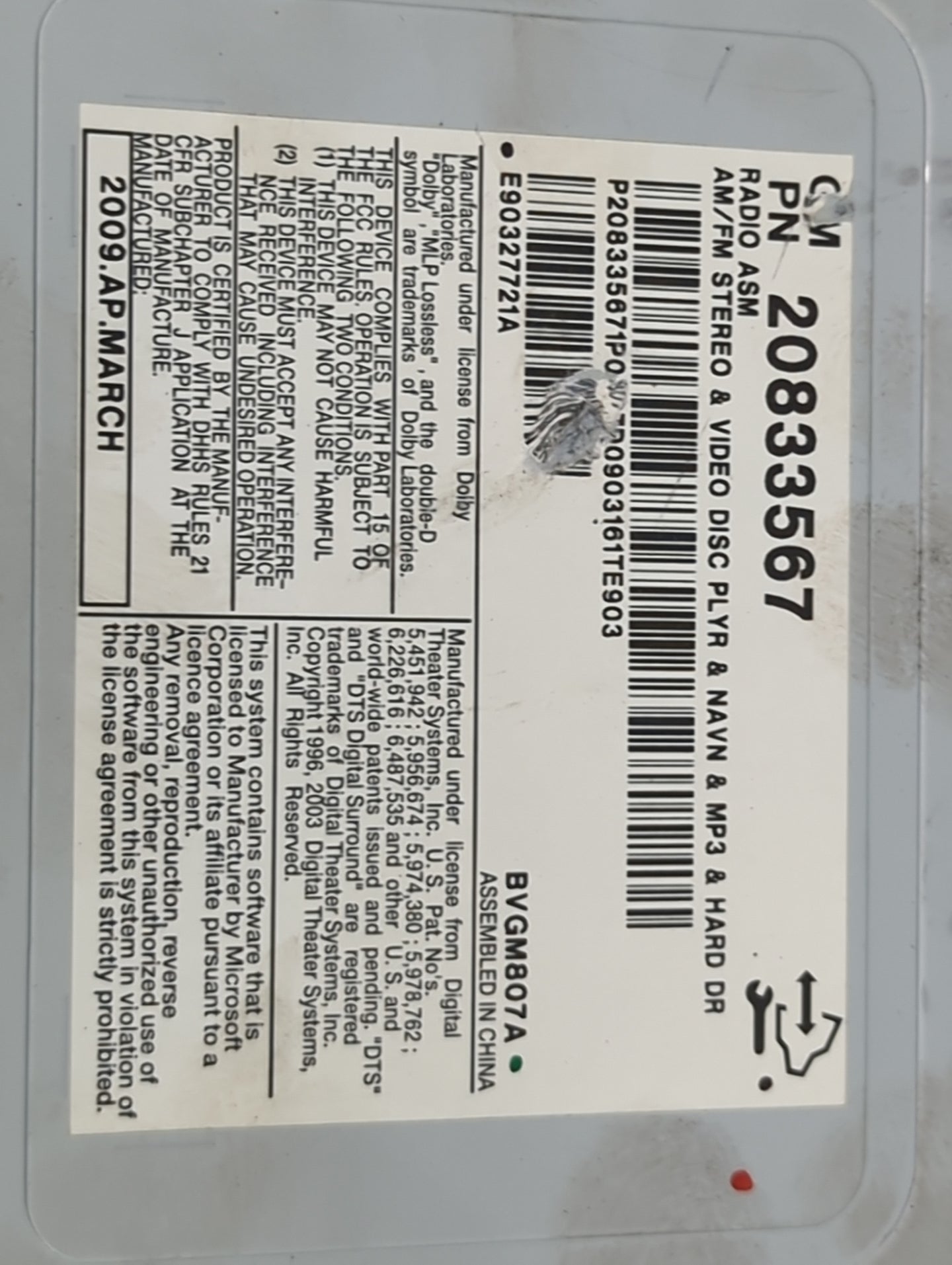 2009-2014 Cadillac Cts Radio AM FM Cd Player Receiver Replacement P/N:20833567 BVGM807A Fits Fits 2009 2010 2011 2012 2013 2
