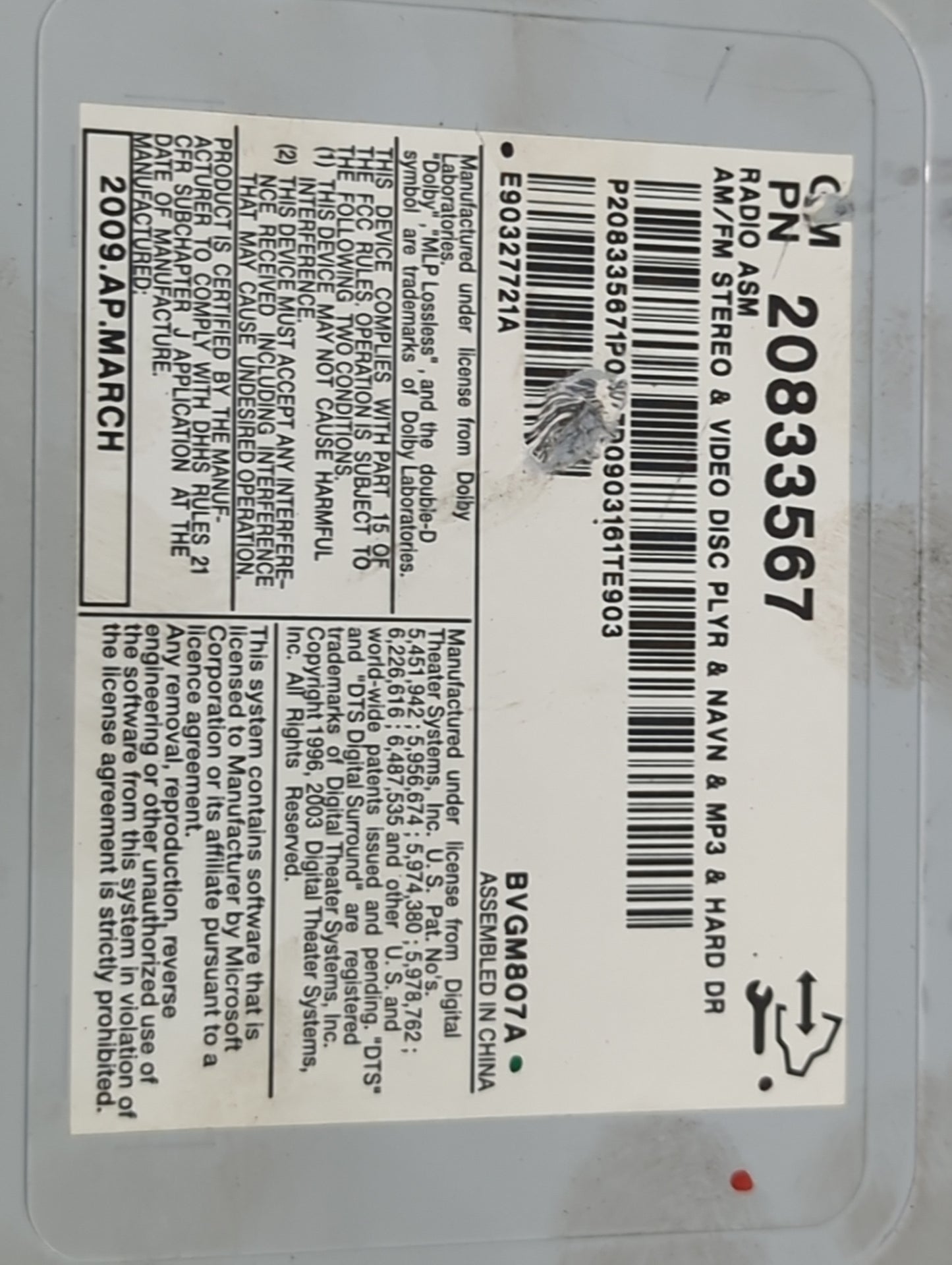 2009-2014 Cadillac Cts Radio AM FM Cd Player Receiver Replacement P/N:20833567 BVGM807A Fits Fits 2009 2010 2011 2012 2013 2