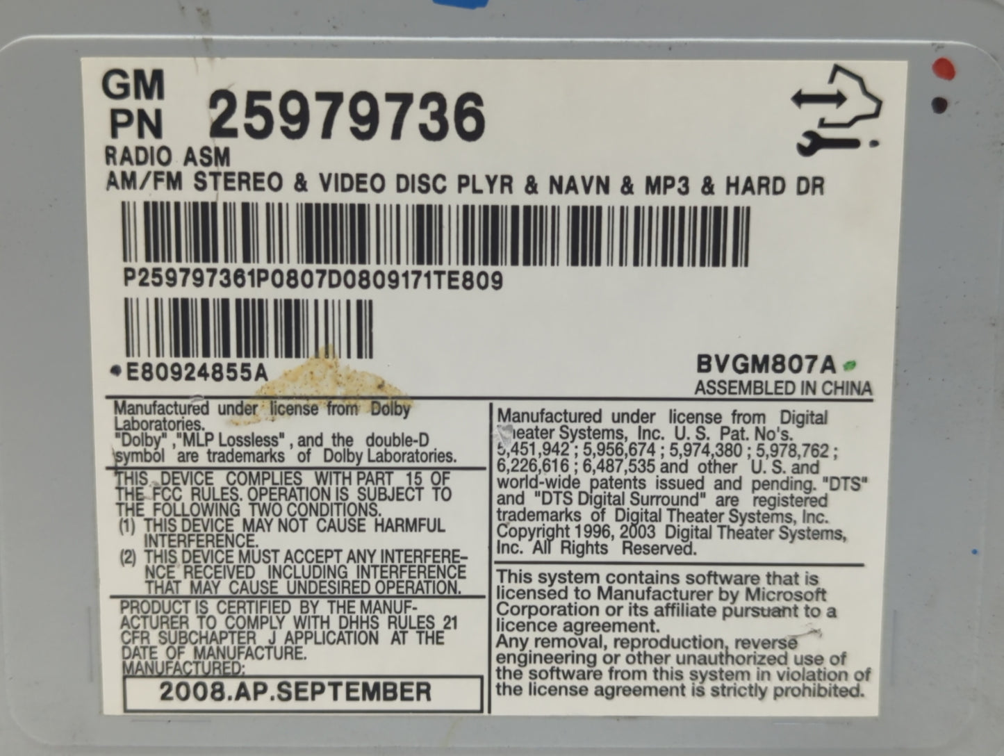 2008-2011 Cadillac Cts Radio AM FM Cd Player Receiver Replacement P/N:25979736 25913880 Fits Fits 2008 2009 2010 2011 OEM Us