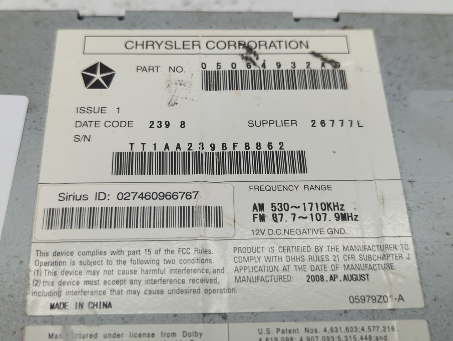 2009-2010 Dodge Journey Radio AM FM Cd Player Receiver Replacement P/N:05064932AD 05064920AG, 05064113AJ Fits Fits 2008 2009