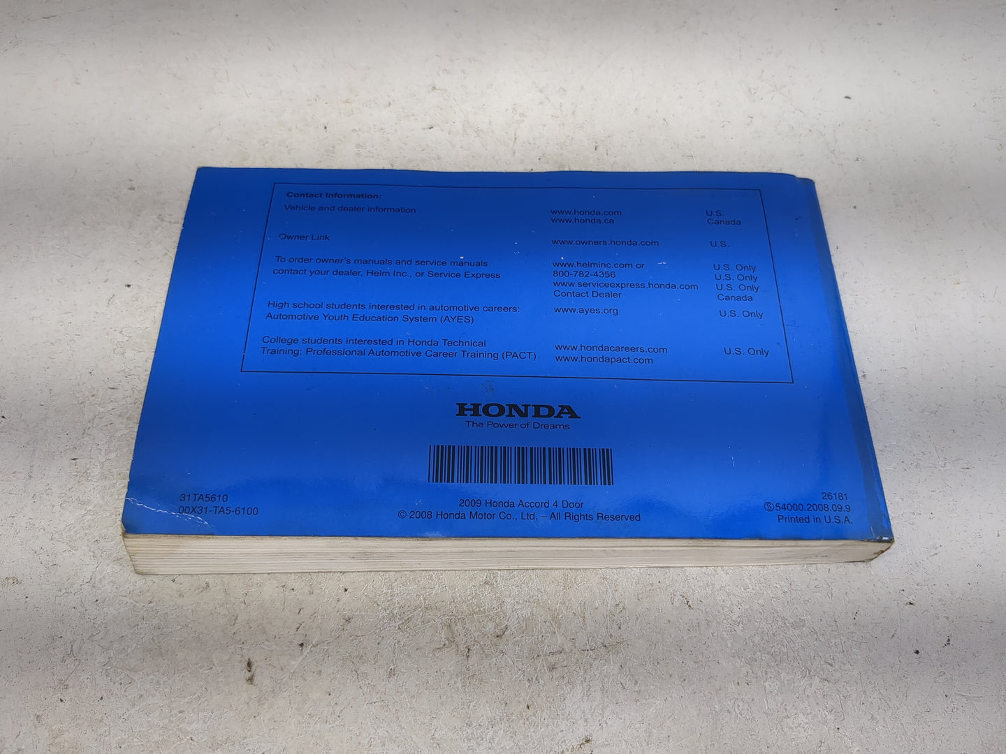 2009 Honda Accord Owners Manual Book Guide P/N:31TA5610 00X31-TA5-6100 OEM Used Auto Parts - Oemusedautoparts1.com