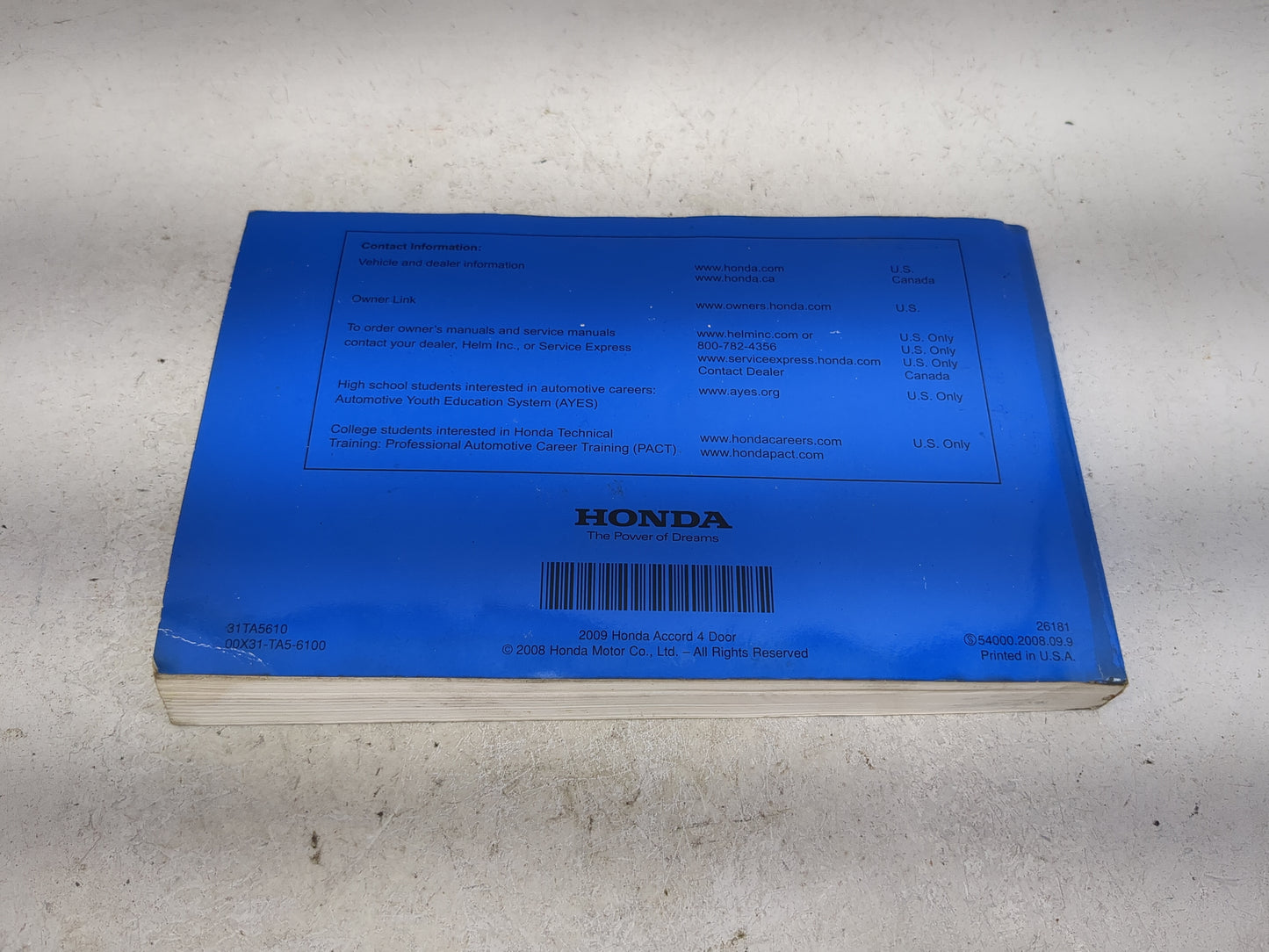 2009 Honda Accord Owners Manual Book Guide P/N:31TA5610 00X31-TA5-6100 OEM Used Auto Parts - Oemusedautoparts1.com
