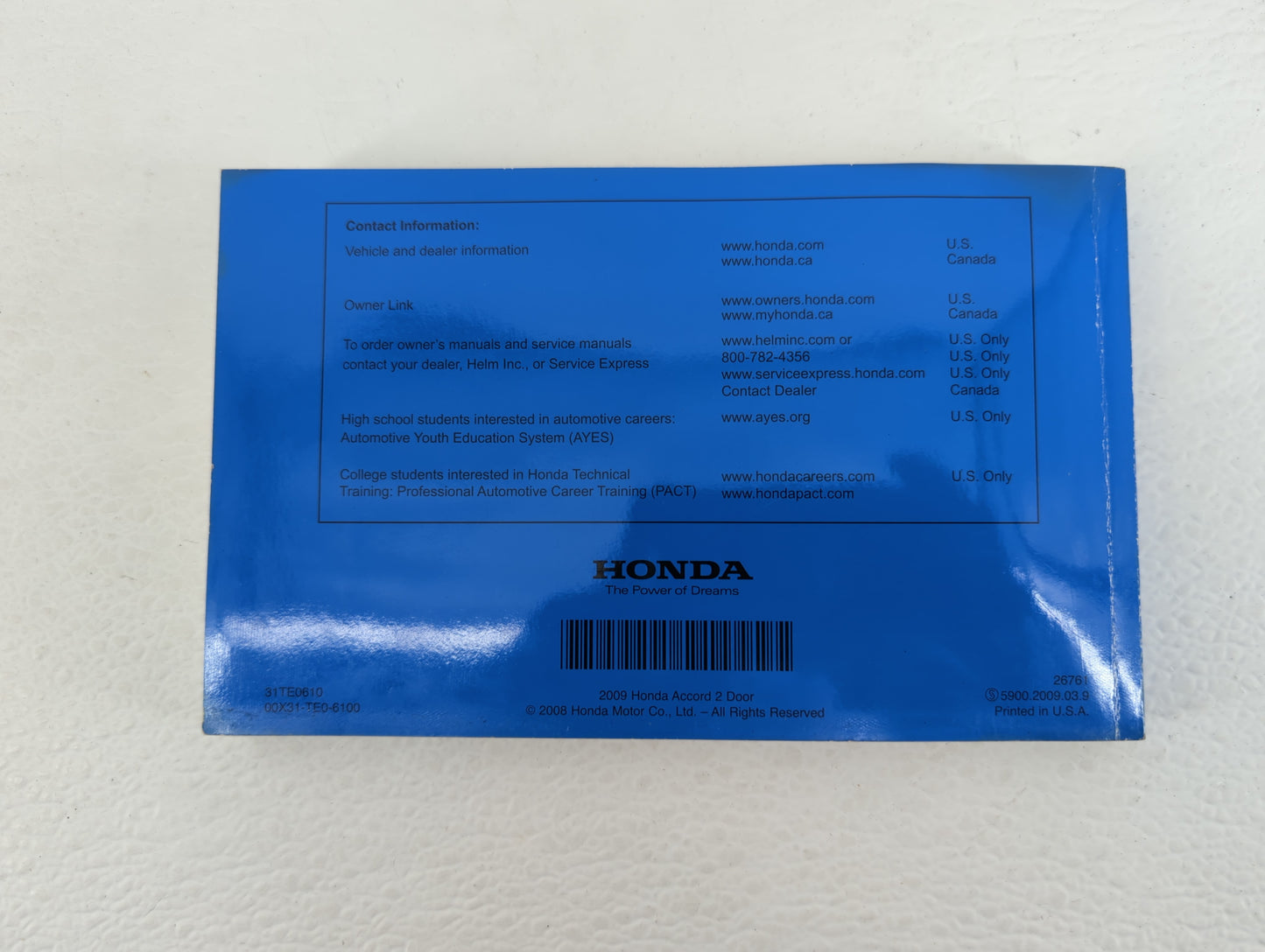2009 Honda Accord Owners Manual Book Guide P/N:31TE0610 00X31-TE0-6100 OEM Used Auto Parts - Oemusedautoparts1.com