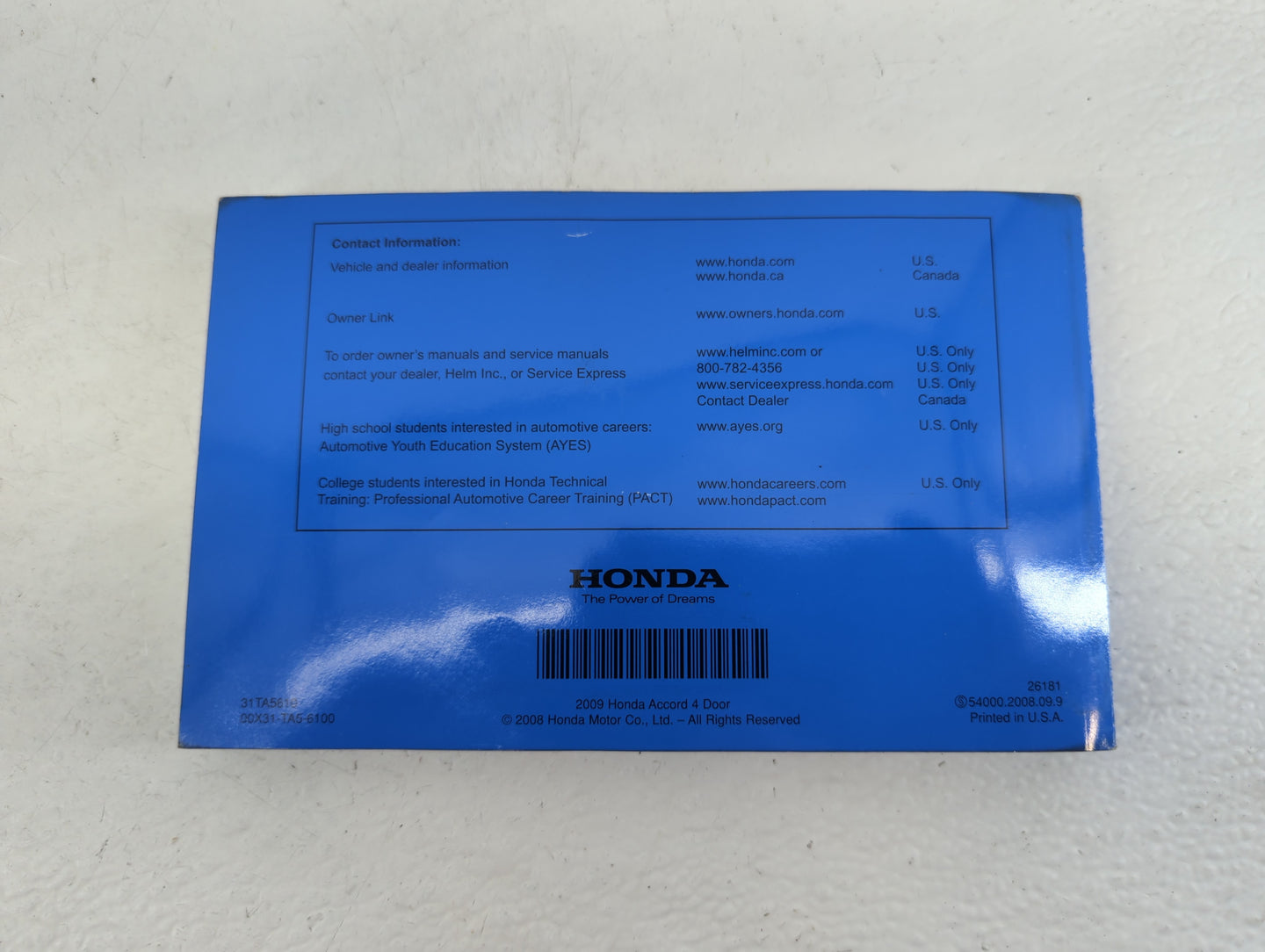 2009 Honda Accord Owners Manual Book Guide P/N:00X31-TA5-6100 31TA5610 OEM Used Auto Parts - Oemusedautoparts1.com
