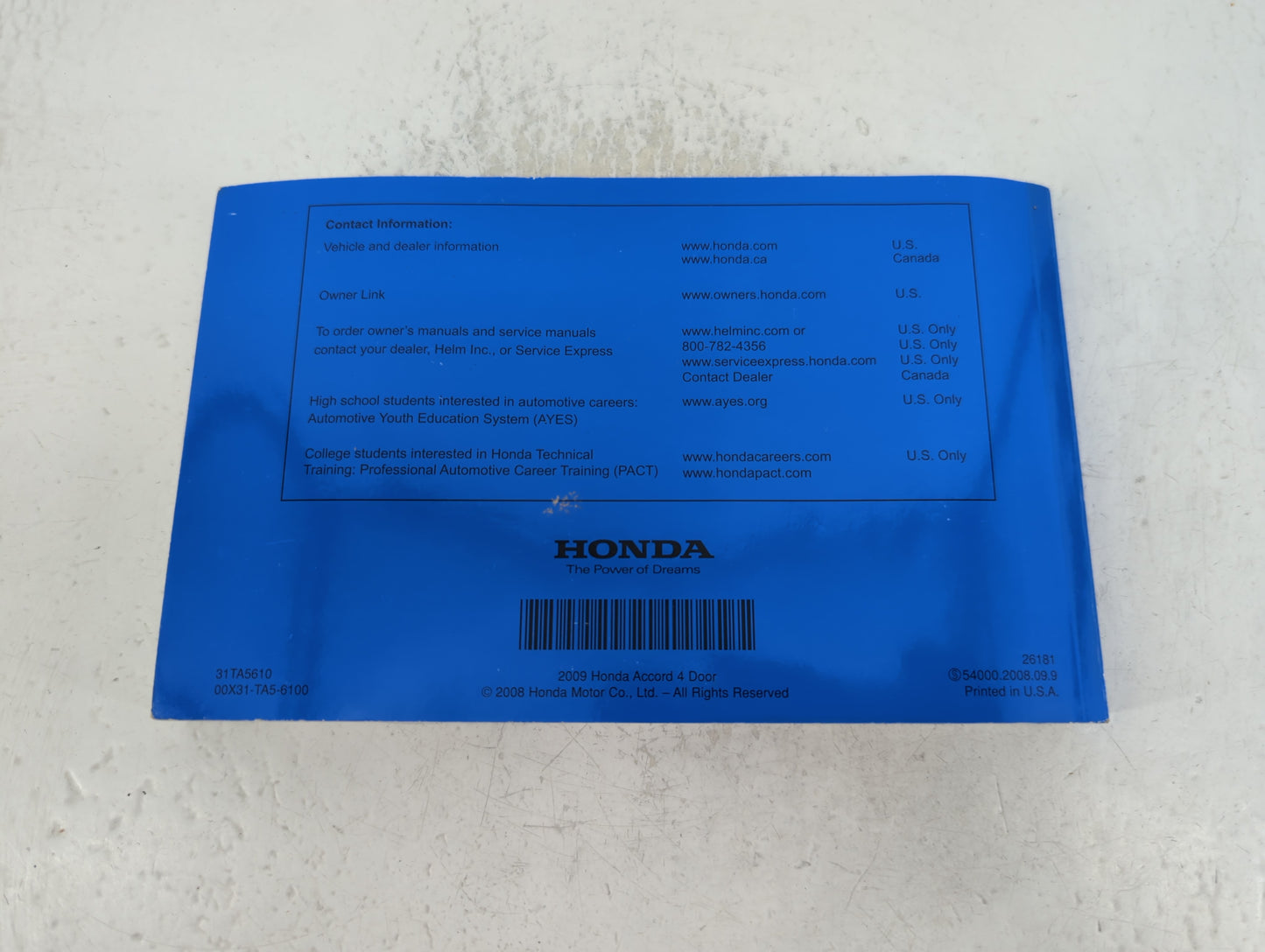 2009 Honda Accord Owners Manual Book Guide P/N:00X31-TA5-6100 31TA5610 OEM Used Auto Parts - Oemusedautoparts1.com