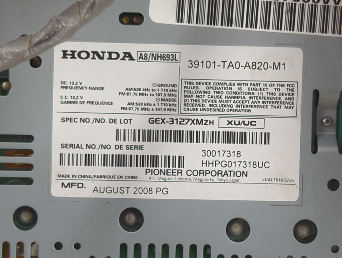 2008-2009 Honda Accord Radio AM FM Cd Player Receiver Replacement P/N:39101-TA0-A820-M1 39100-TA0-A800 Fits Fits 2008 2009 O