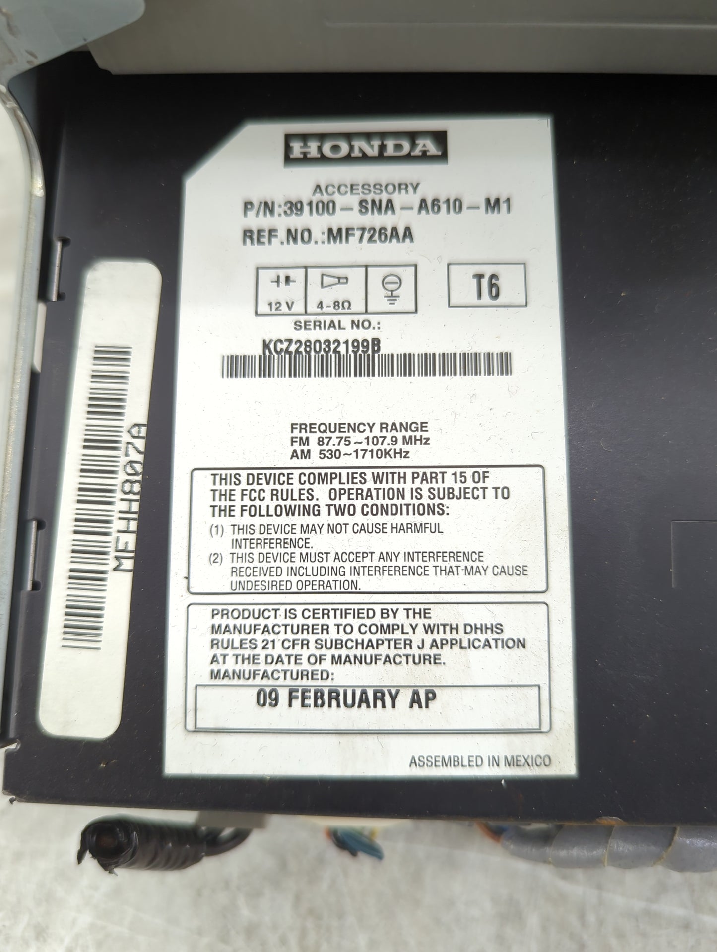 2009-2011 Honda Civic Radio AM FM Cd Player Receiver Replacement P/N:39100-SNA-A610-M1 MF726AA Fits Fits 2009 2010 2011 OEM 