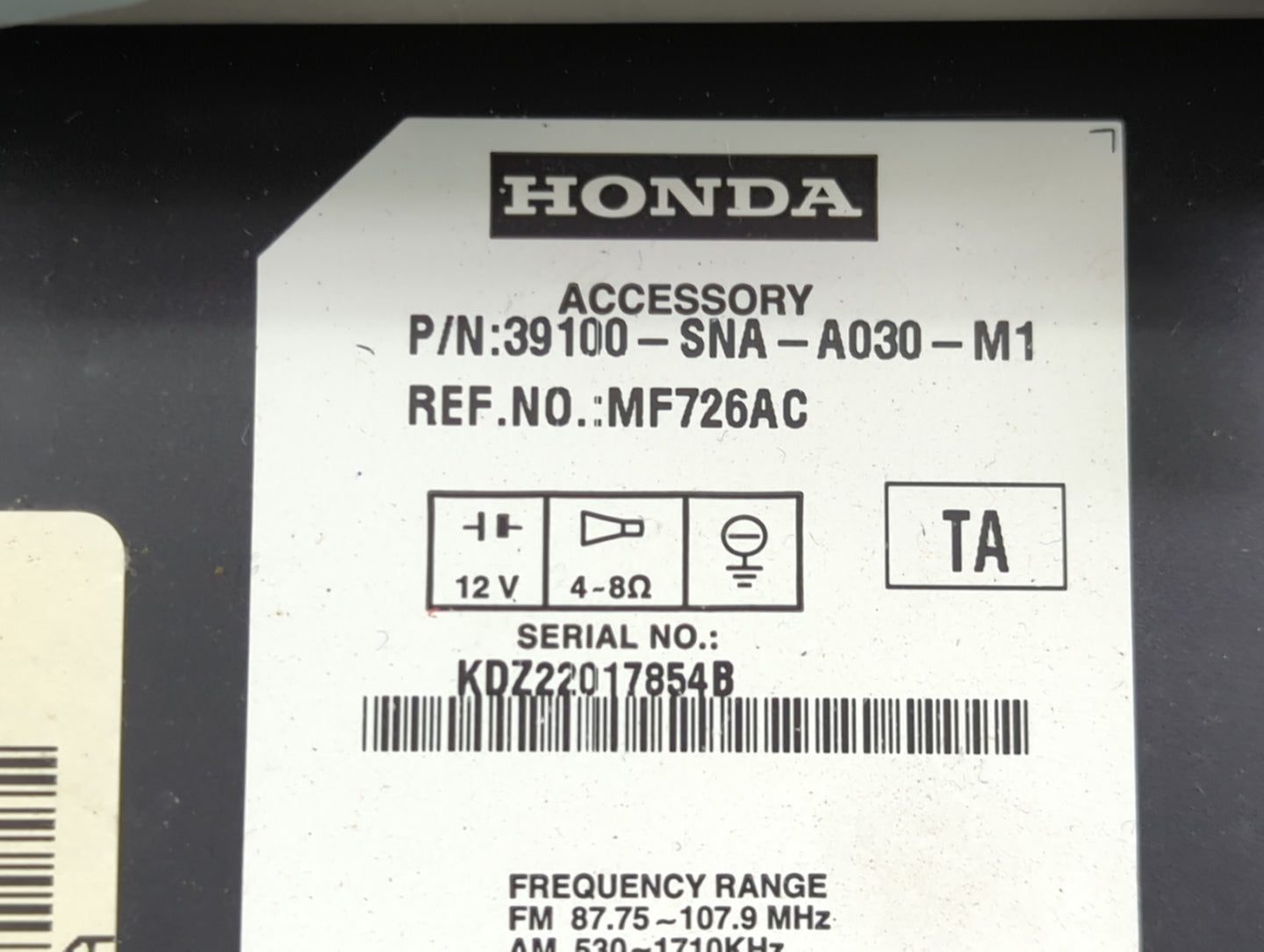 2006-2011 Honda Civic Radio AM FM Cd Player Receiver Replacement P/N:39100-SNA-A030-M1 MF726AC Fits OEM Used Auto Parts - Oe