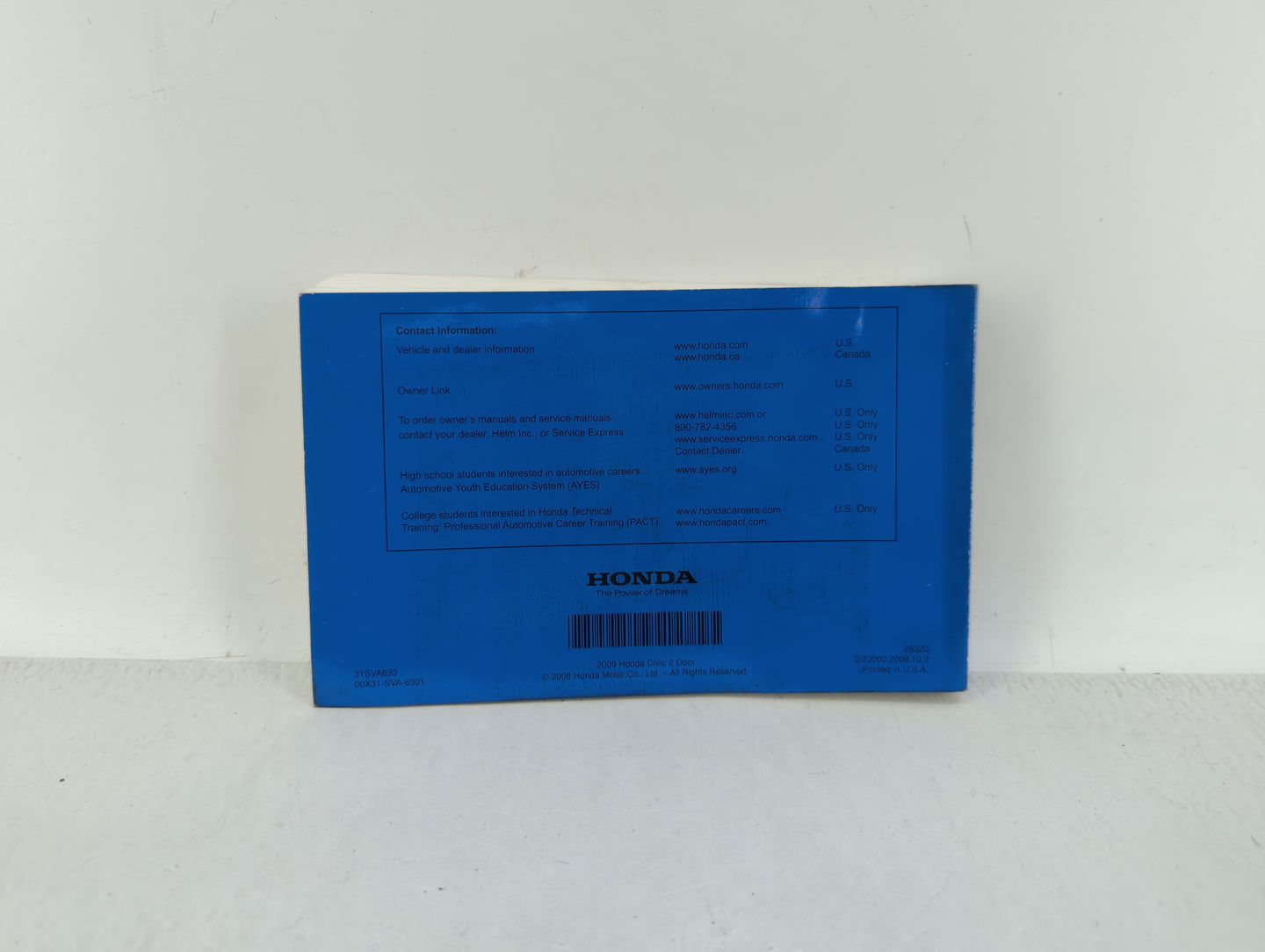 2009 Honda Civic Owners Manual Book Guide P/N:00X31-SVA-6301 31SVA630 OEM Used Auto Parts - Oemusedautoparts1.com