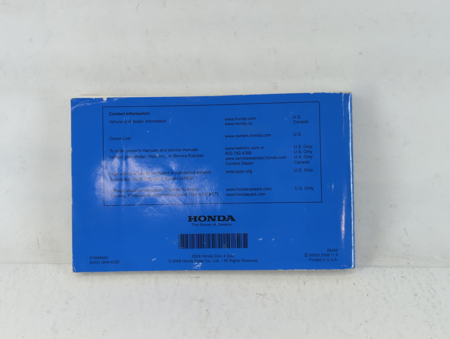 2009 Honda Civic Owners Manual Book Guide P/N:00X31-SNA-6302 31SNA630 OEM Used Auto Parts - Oemusedautoparts1.com
