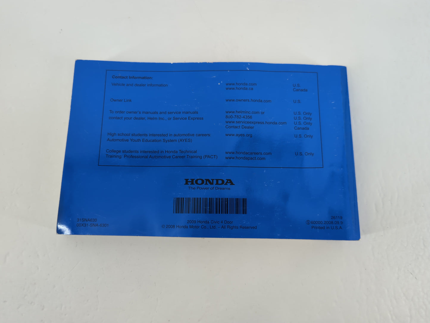 2009 Honda Civic Owners Manual Book Guide P/N:00X31-SNS-6301 31SNA630 OEM Used Auto Parts - Oemusedautoparts1.com