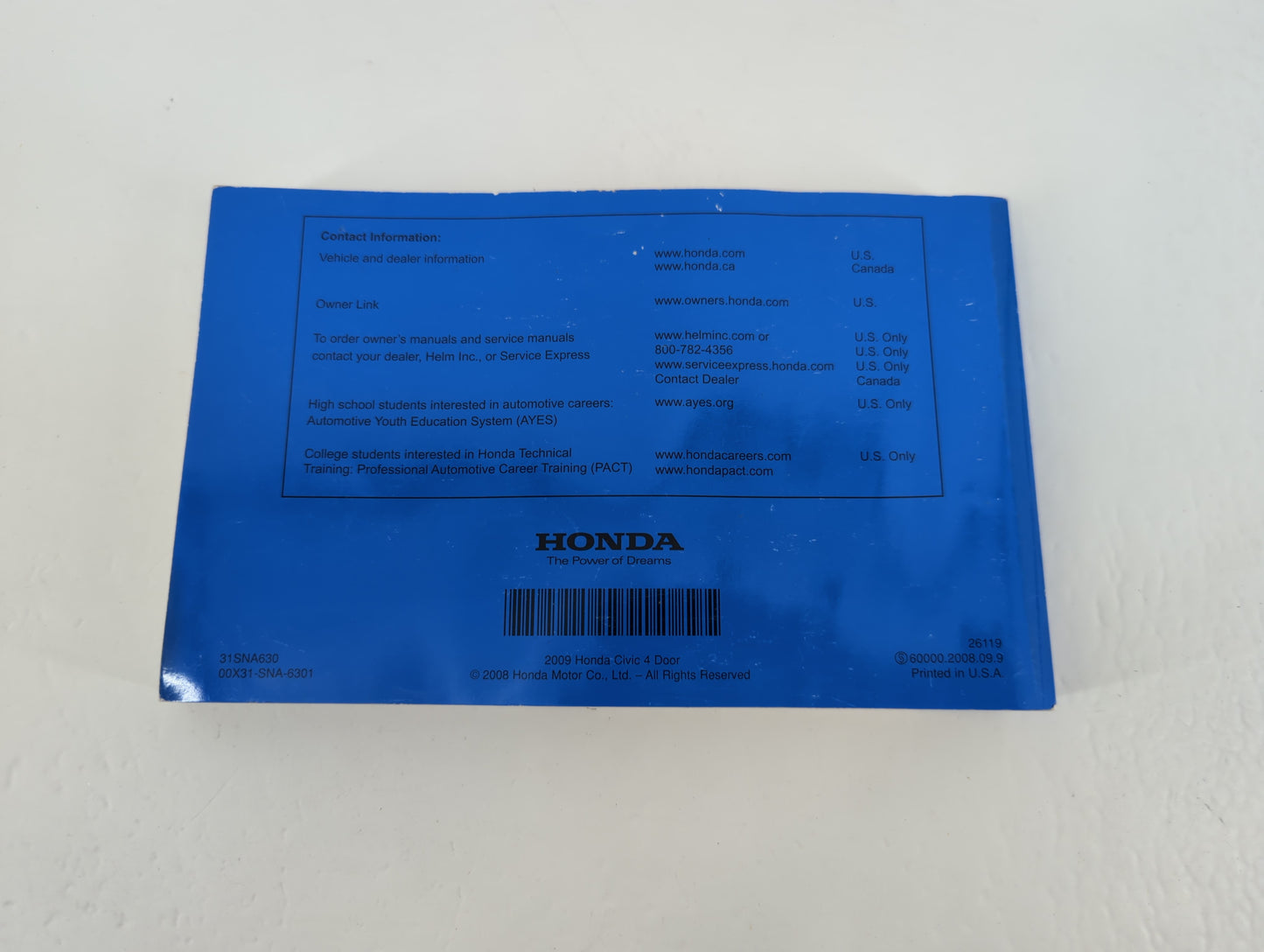 2009 Honda Civic Owners Manual Book Guide P/N:00X31-SNS-6301 31SNA630 OEM Used Auto Parts - Oemusedautoparts1.com