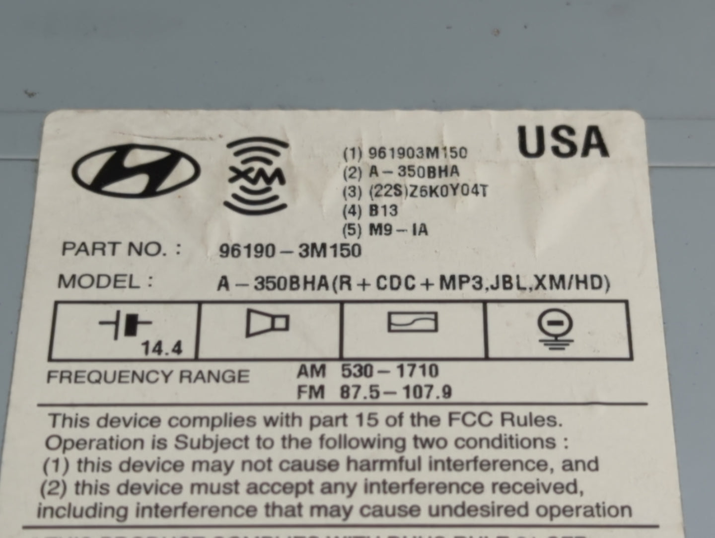 2009 Hyundai Genesis Radio AM FM Cd Player Receiver Replacement P/N:96190-3M150 Fits OEM Used Auto Parts - Oemusedautoparts1