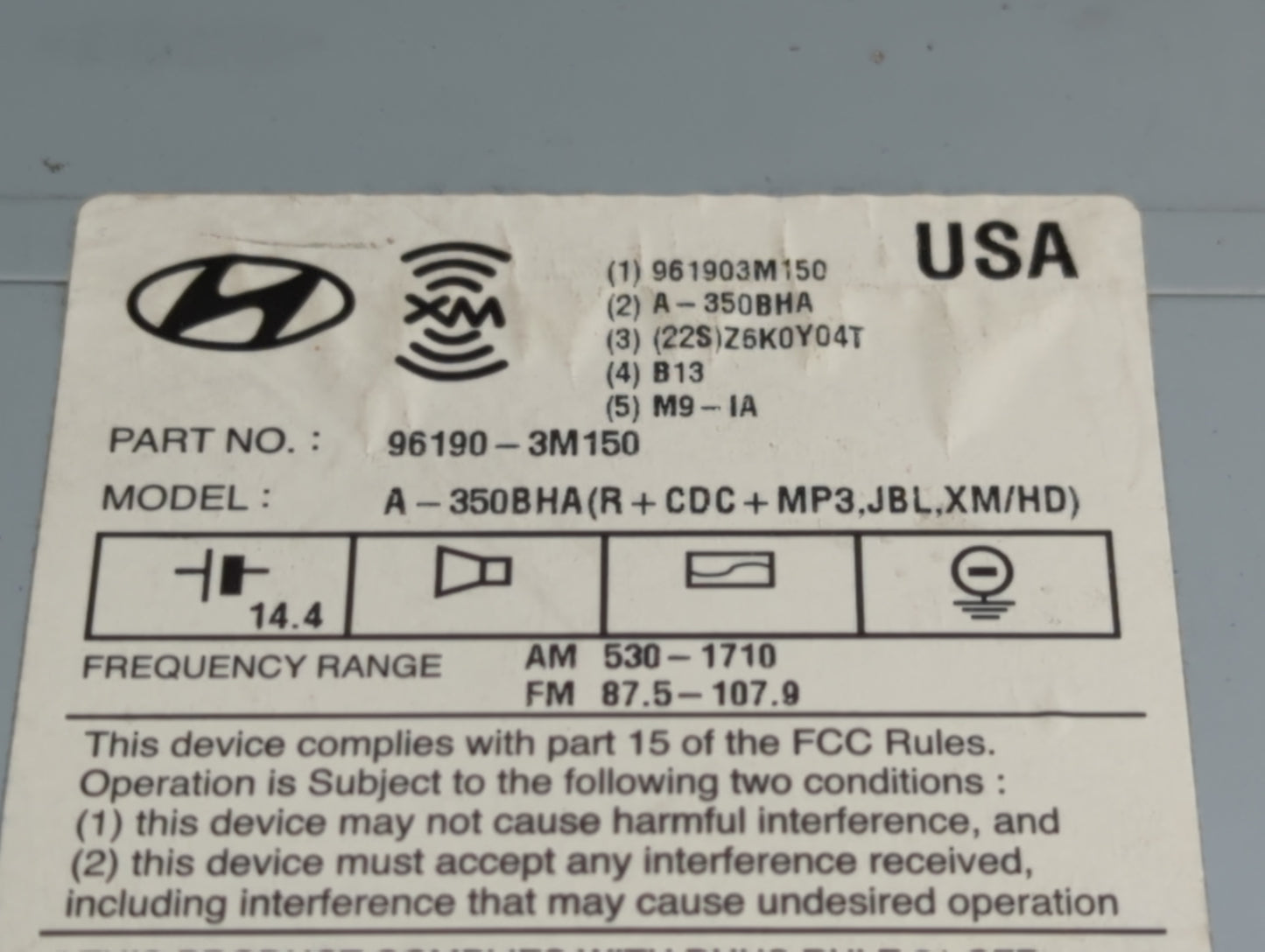 2009 Hyundai Genesis Radio AM FM Cd Player Receiver Replacement P/N:96190-3M150 Fits OEM Used Auto Parts - Oemusedautoparts1