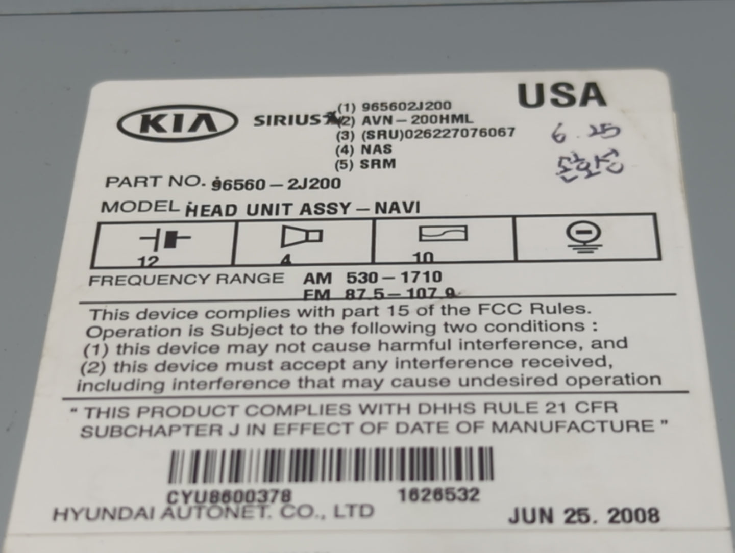 2009-2011 Kia Borrego Radio AM FM Cd Player Receiver Replacement P/N:96560-2J200 Fits Fits 2009 2010 2011 OEM Used Auto Part