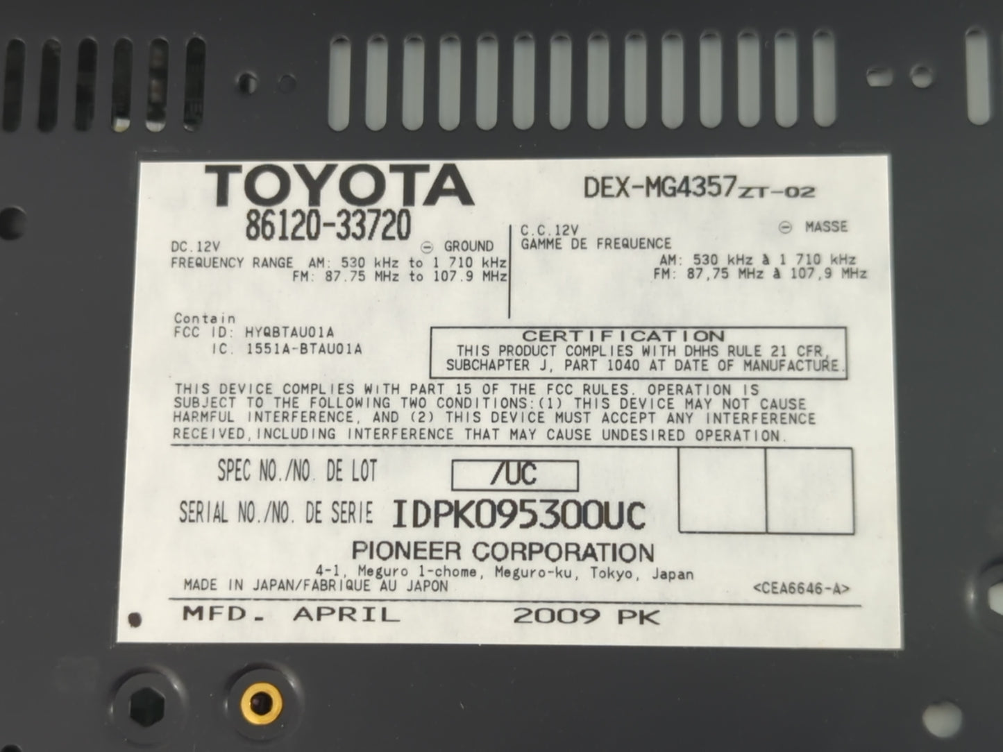 2007-2009 Lexus Es350 Radio AM FM Cd Player Receiver Replacement P/N:86120-33720 Fits Fits 2007 2008 2009 OEM Used Auto Part
