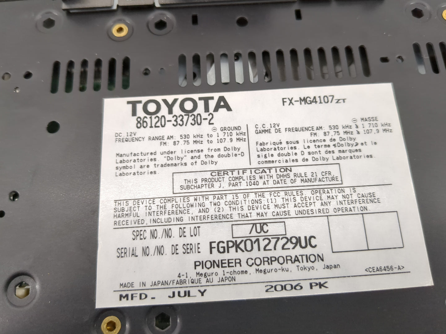2007-2009 Lexus Es350 Radio AM FM Cd Player Receiver Replacement P/N:86120-33730-2 Fits Fits 2007 2008 2009 OEM Used Auto Pa