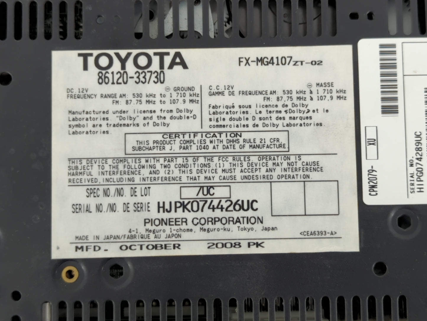 2007-2009 Lexus Es350 Am Fm Cd Player Radio Receiver - Oemusedautoparts1.com
