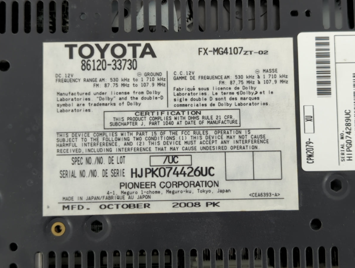2007-2009 Lexus Es350 Am Fm Cd Player Radio Receiver 548907 - Oemusedautoparts1.com