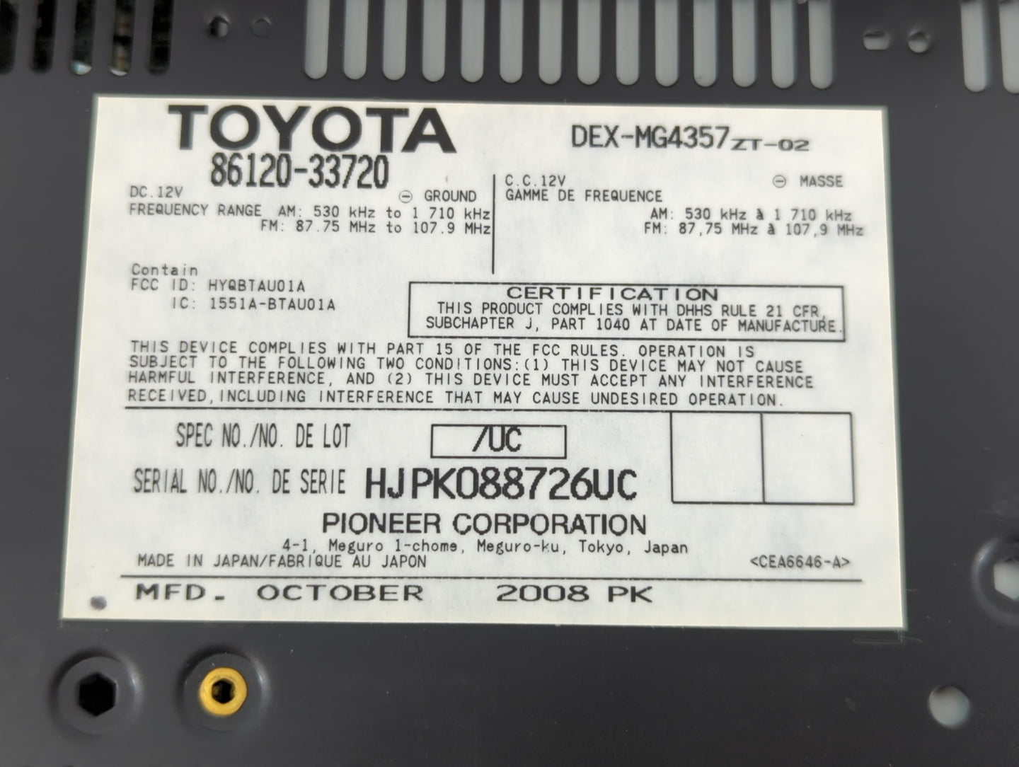 2007-2009 Lexus Es350 Radio AM FM Cd Player Receiver Replacement P/N:86120-33720 Fits Fits 2007 2008 2009 OEM Used Auto Part
