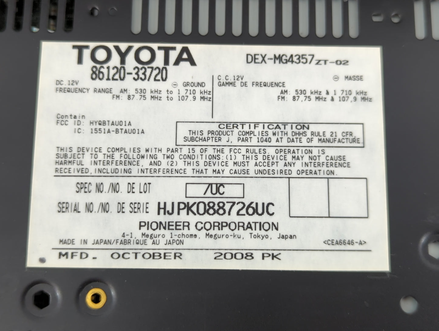 2007-2009 Lexus Es350 Radio AM FM Cd Player Receiver Replacement P/N:86120-33720 Fits Fits 2007 2008 2009 OEM Used Auto Part