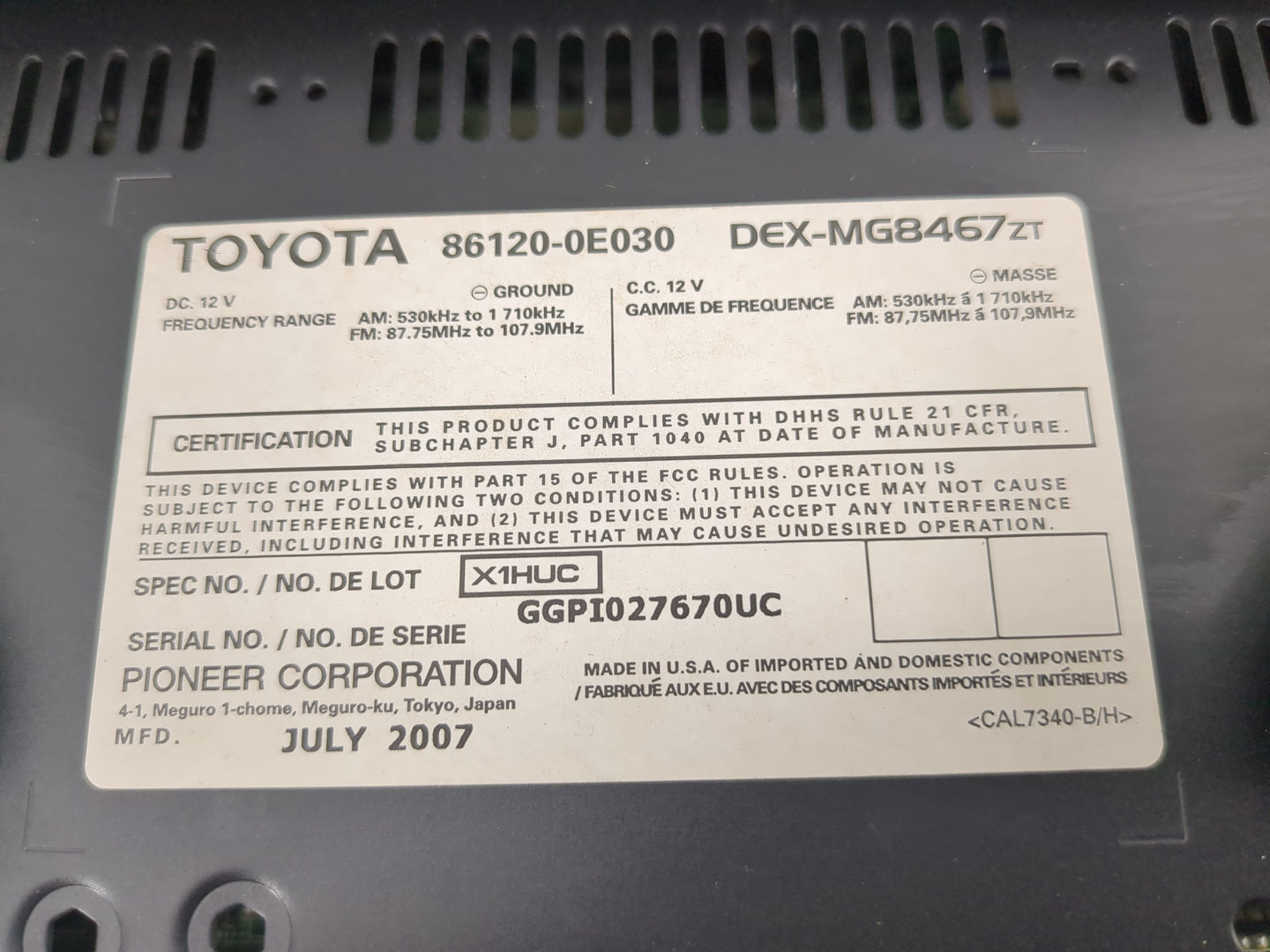 2007-2009 Lexus Rx350 Radio AM FM Cd Player Receiver Replacement P/N:86120-0E030 Fits Fits 2006 2007 2008 2009 OEM Used Auto