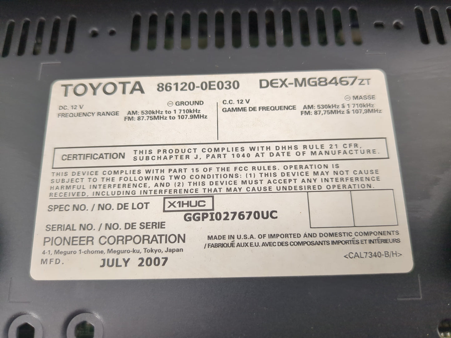 2007-2009 Lexus Rx350 Radio AM FM Cd Player Receiver Replacement P/N:86120-0E030 Fits Fits 2006 2007 2008 2009 OEM Used Auto