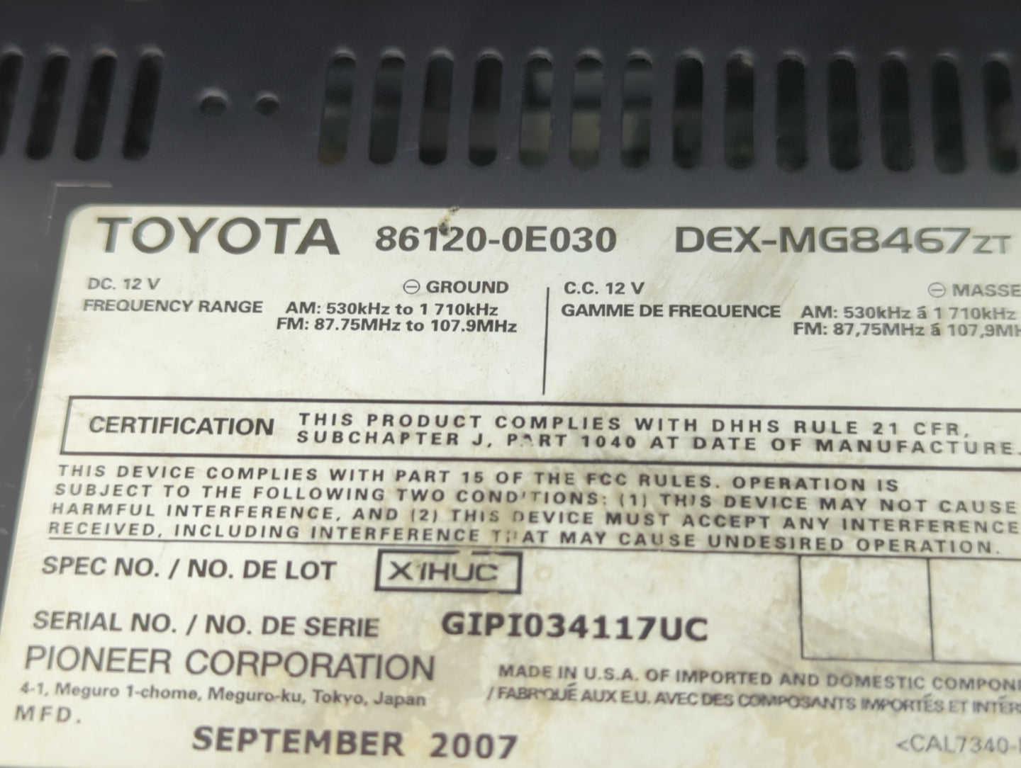 2007-2009 Lexus Rx350 Radio AM FM Cd Player Receiver Replacement P/N:86120-0E030 Fits Fits 2006 2007 2008 2009 OEM Used Auto