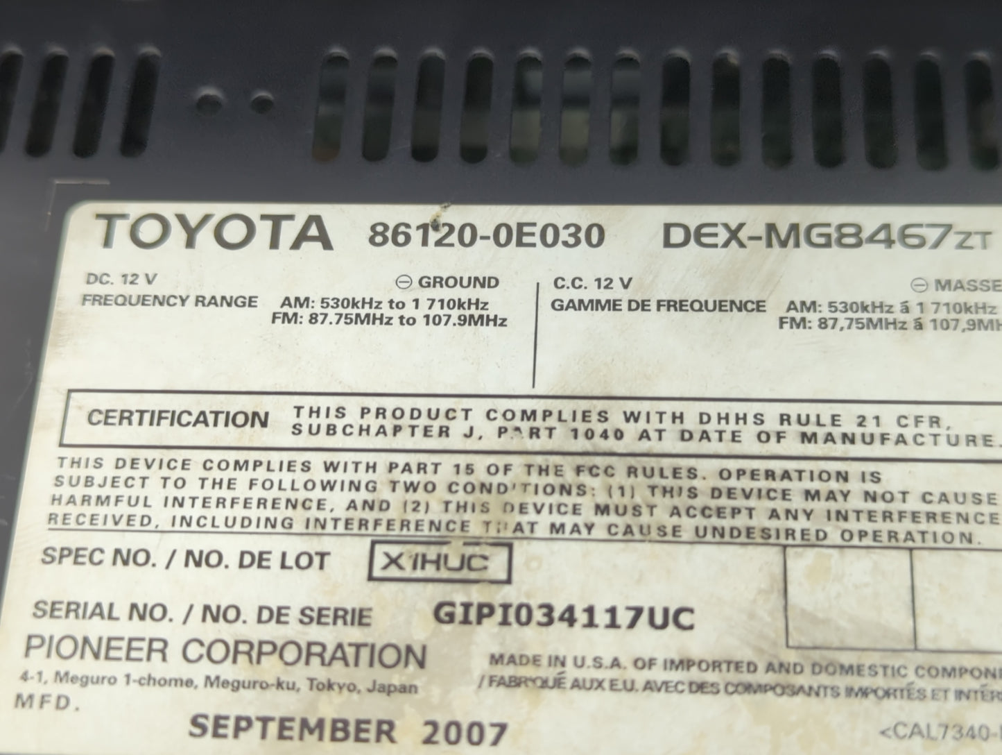 2007-2009 Lexus Rx350 Radio AM FM Cd Player Receiver Replacement P/N:86120-0E030 Fits Fits 2006 2007 2008 2009 OEM Used Auto