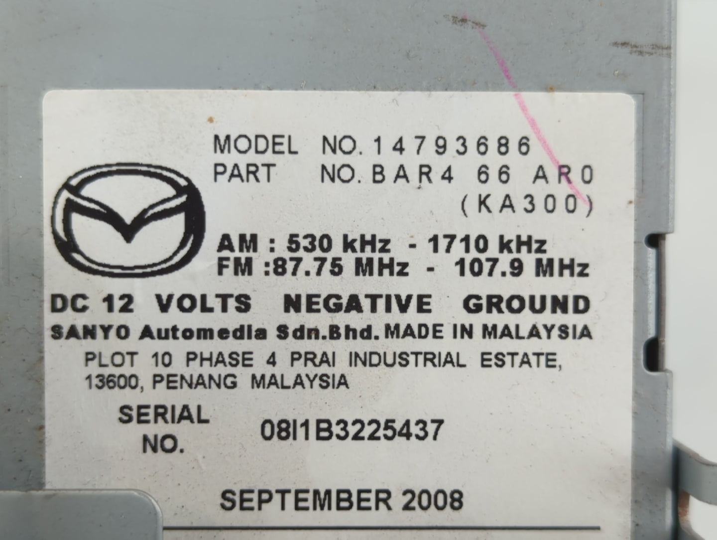 2008-2009 Mazda 3 Radio AM FM Cd Player Receiver Replacement P/N:14793686 BAR4 66 AR0 Fits Fits 2008 2009 OEM Used Auto Part