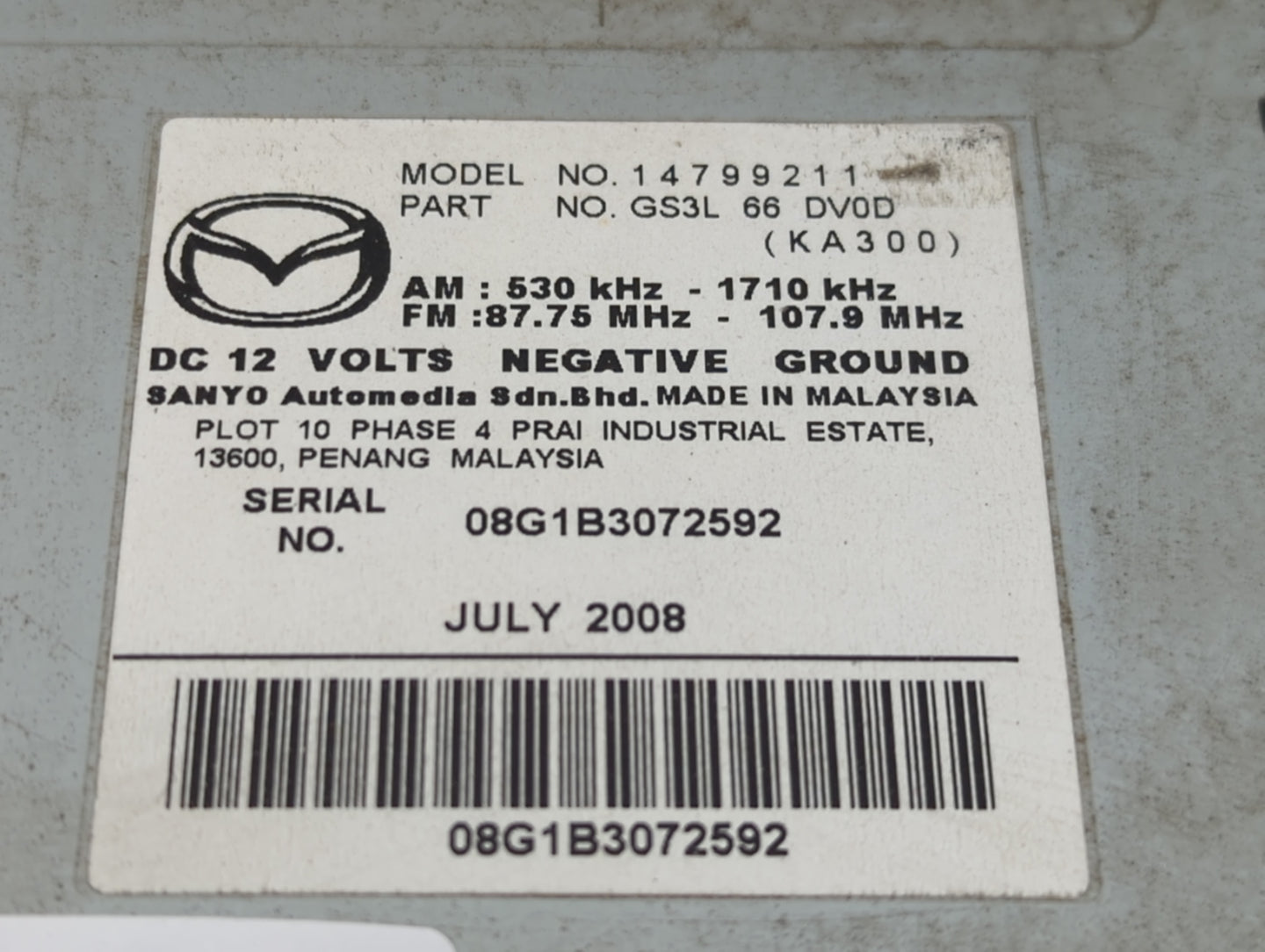 2009 Mazda 6 Radio AM FM Cd Player Receiver Replacement P/N:GS3L66DV0D Fits OEM Used Auto Parts - Oemusedautoparts1.com