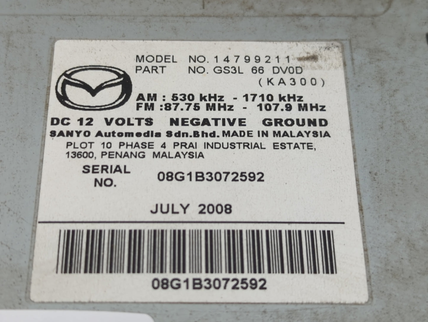 2009 Mazda 6 Radio AM FM Cd Player Receiver Replacement P/N:GS3L66DV0D Fits OEM Used Auto Parts - Oemusedautoparts1.com