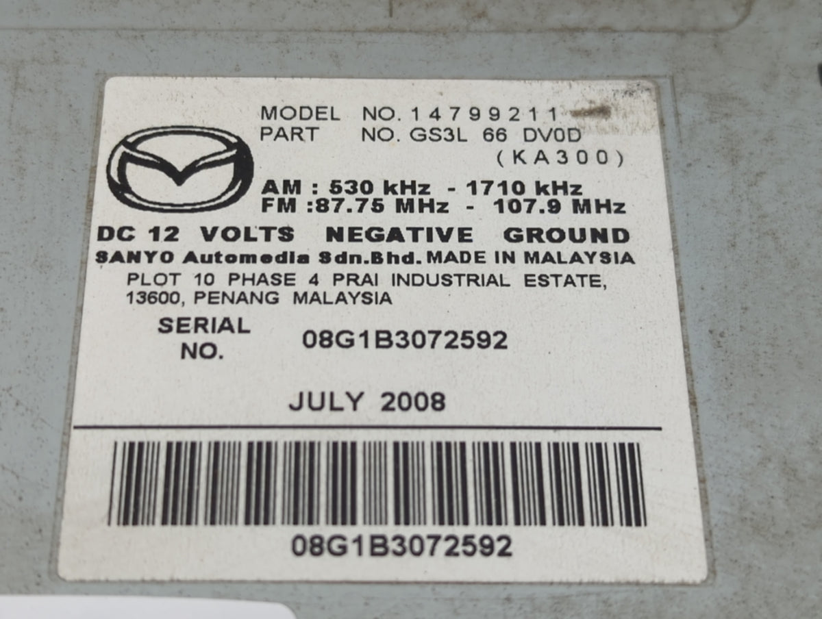 2009 Mazda 6 Radio AM FM Cd Player Receiver Replacement P/N:GS3L66DV0D Fits OEM Used Auto Parts - Oemusedautoparts1.com
