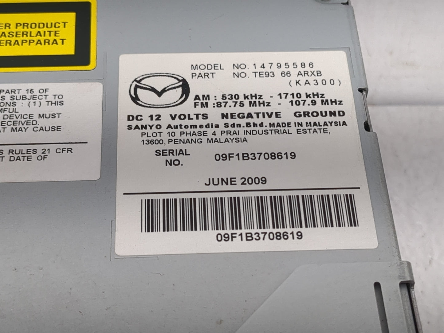 2009-2010 Mazda Cx-9 Radio AM FM Cd Player Receiver Replacement P/N:TE93 66 ARXB Fits Fits 2009 2010 OEM Used Auto Parts - O