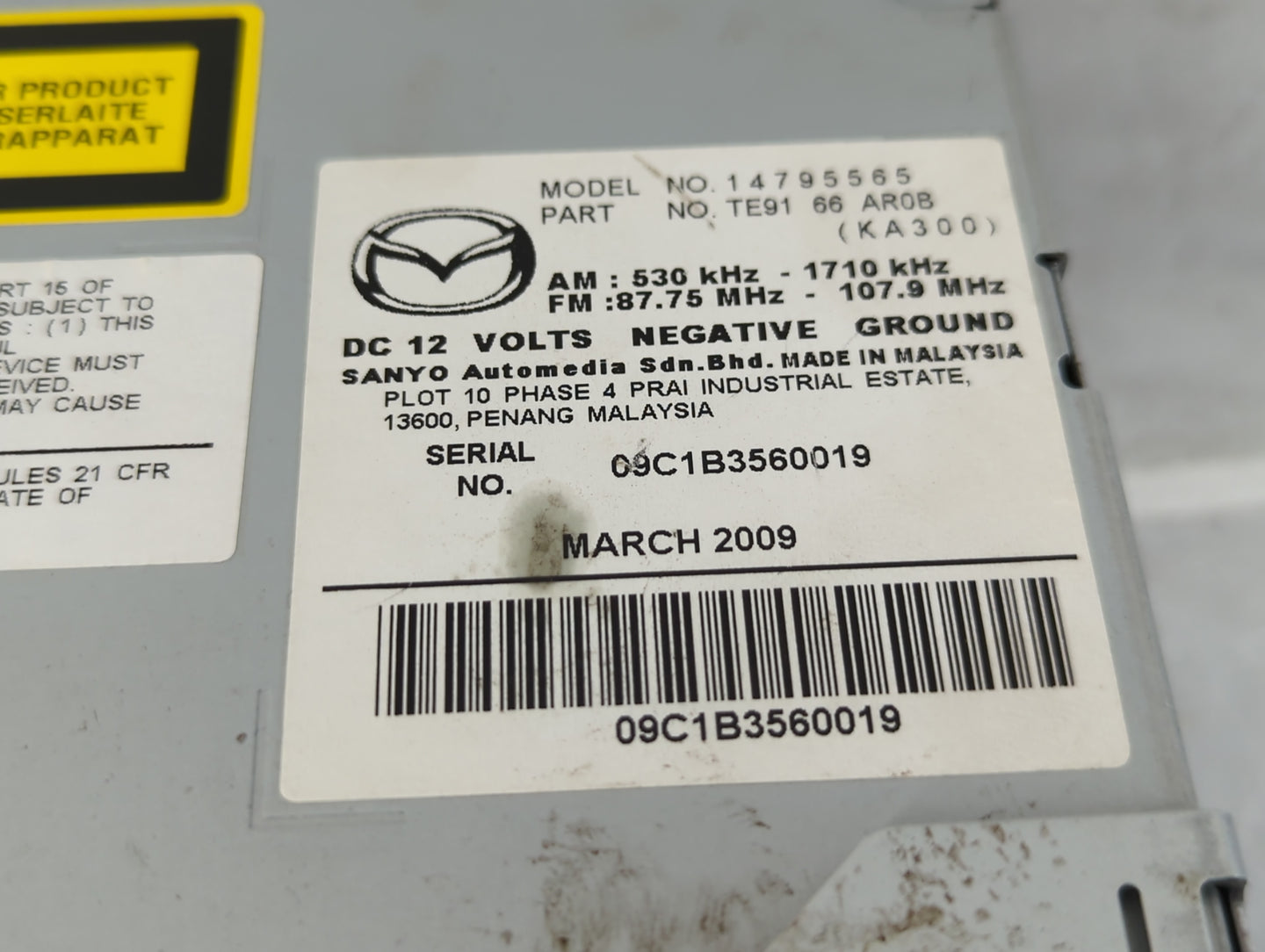 2009-2010 Mazda Cx-9 Radio AM FM Cd Player Receiver Replacement P/N:TE91 66 AR0B 14795565 Fits Fits 2009 2010 OEM Used Auto 