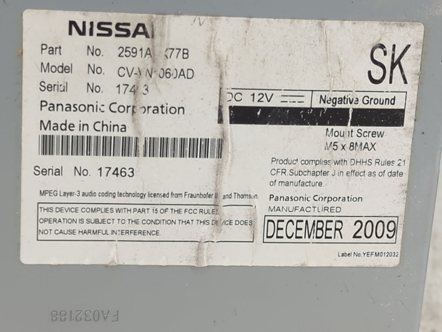2009 Nissan Murano Radio AM FM Cd Player Receiver Replacement P/N:2591A CV-N060AD Fits OEM Used Auto Parts - Oemusedautopart