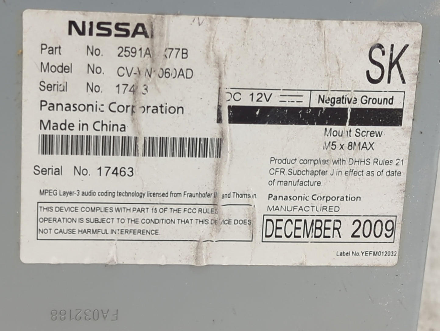 2009 Nissan Murano Radio AM FM Cd Player Receiver Replacement P/N:2591A CV-N060AD Fits OEM Used Auto Parts - Oemusedautopart